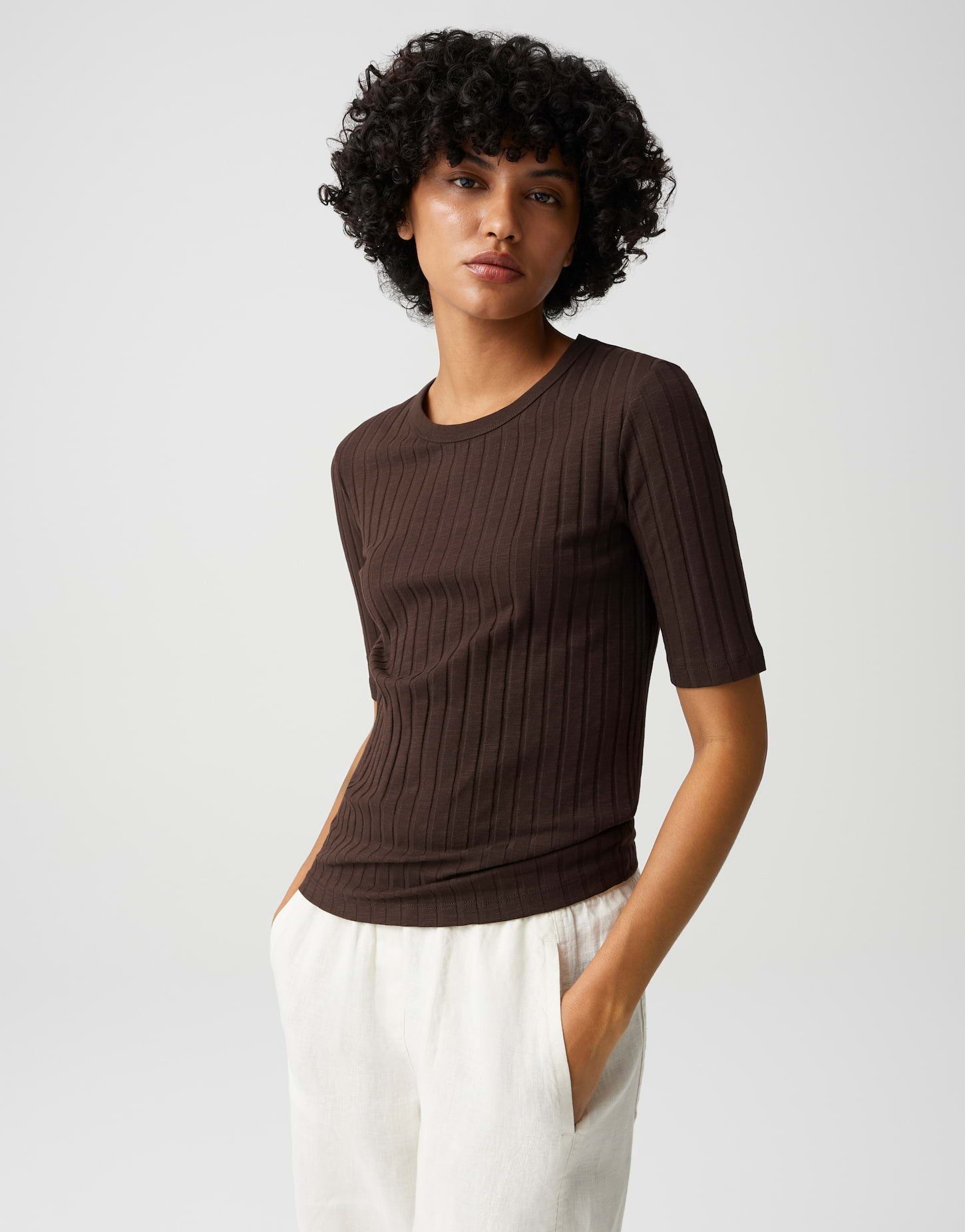 OPUS Kurzarmshirt Basic Rippshirt aus Baumwoll Mix Schmale Passform, Pull-on, elastischer Stoff