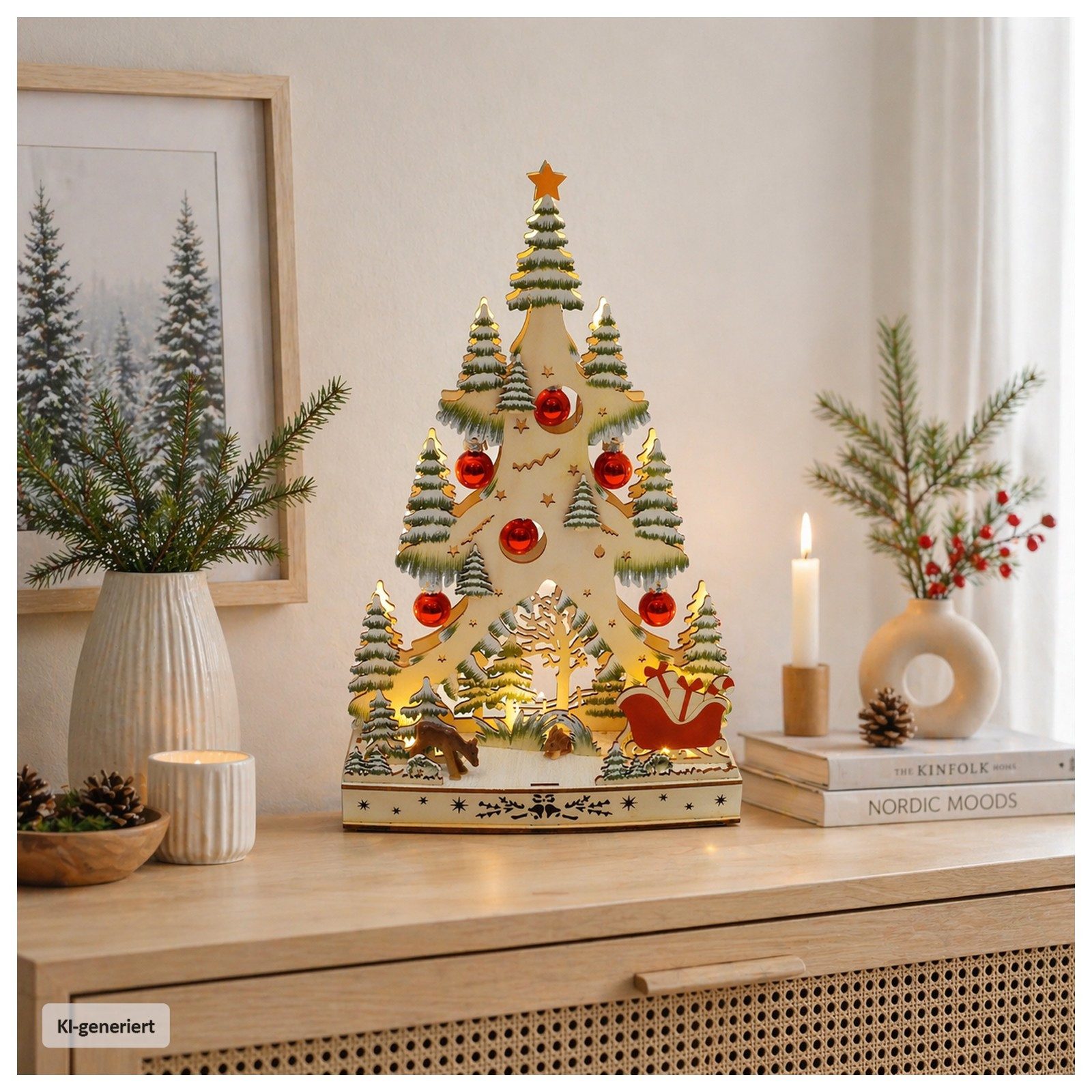 HTI-Living Schwibbogen LED Schwibbogen Weihnachtsbaum mit Kugeln und Schlitten (1-tlg), Lichterspitze aus Holz, batteriebetrieben – Bild 3 von 3