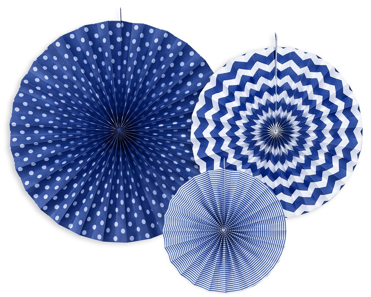 partydeco Papierrosette, Deko Papier Rosetten mit Muster 23-40cm marineblau weiß 3er Set