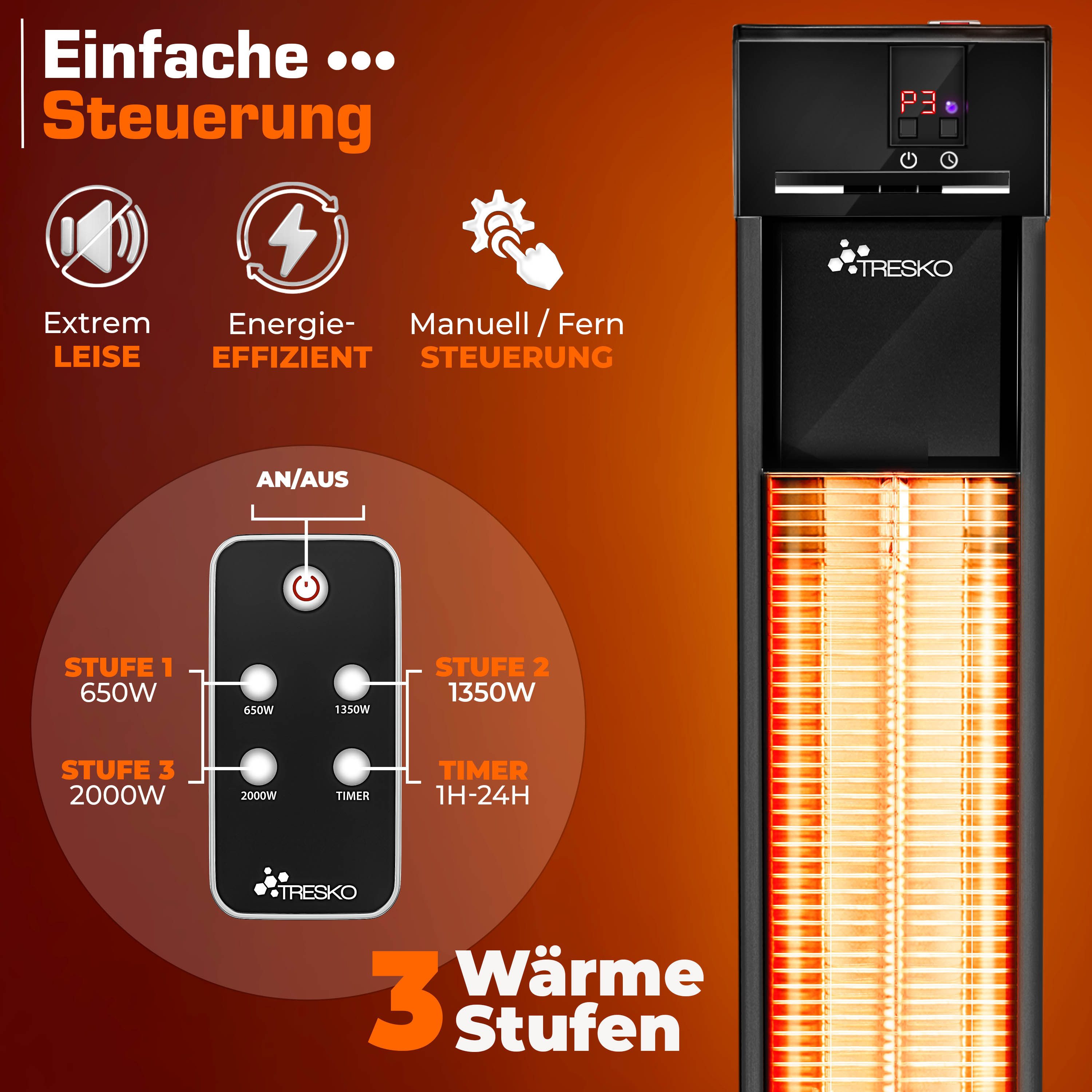 TRESKO Heizstrahler Infrarot Stand-Heizstrahler Wärmestrahler Fernbedienung LED-Anzeige, 2000 W, Terrasse elektrisch mit 3 Heizstufen, Terrassenstrahler Innen & – Bild 4 von 5