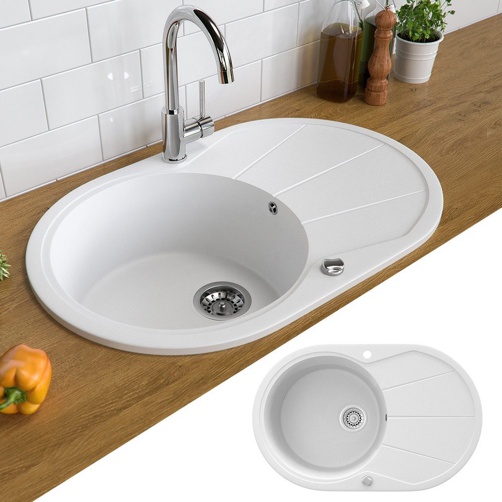 Bergstroem Granitspüle, Weiß, 78 x 50 cm Rund mit Trockenplatz, Oval, 78/50 cm, beidseitig montierbar, (1 St)