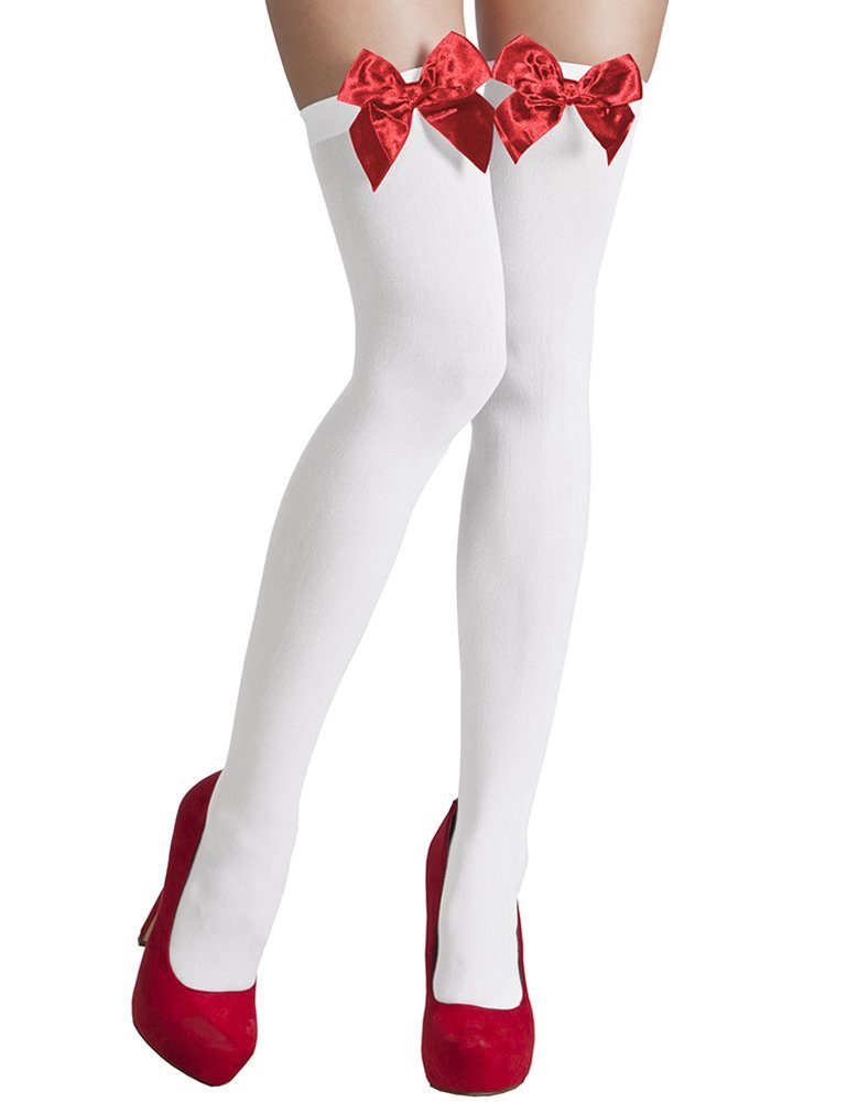 Kostüm Halterlose Strümpfe mit Satinschleife, Weiß Rot