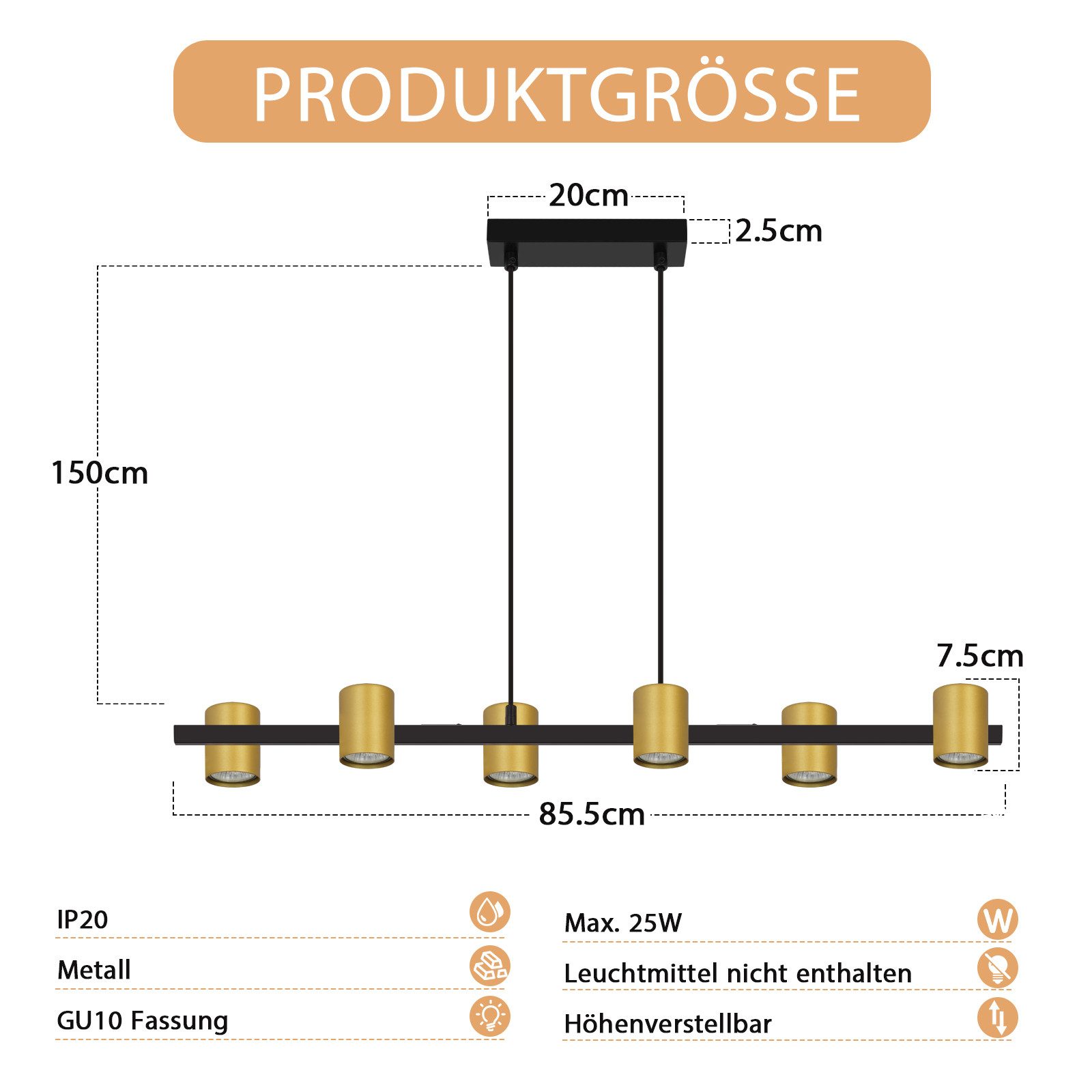 Nettlife Pendelleuchte 6 Flammig Esstisch Hängelampe Schwarz Gold GU10 Metall Industrial, ohne Leuchtmittel, für Wohnzimmer Esszimmer – Bild 5 von 5