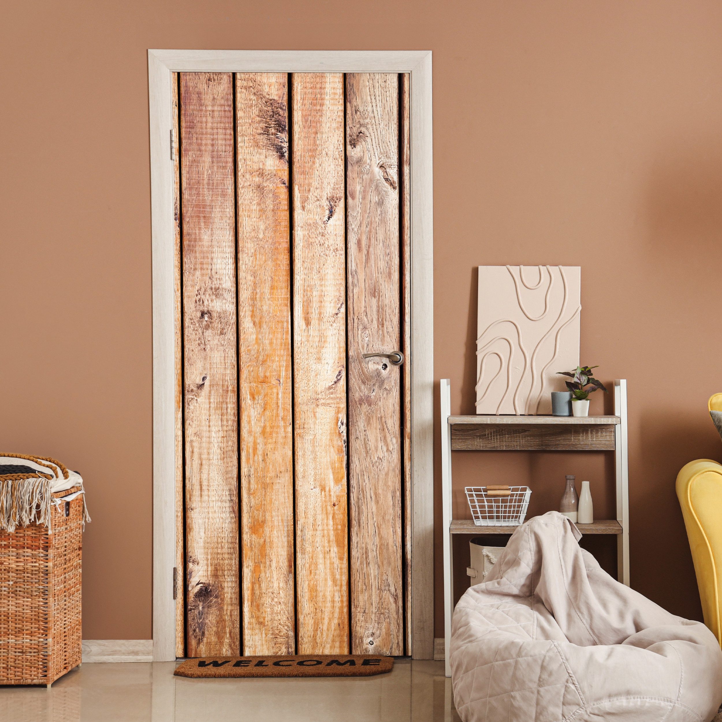 MuchoWow Türtapete Regal - Vintage - Holz - Natur, Matt, bedruckt, (1 St), Selbstklebende Tapete, Folie für Möbel, 75x205 cm
