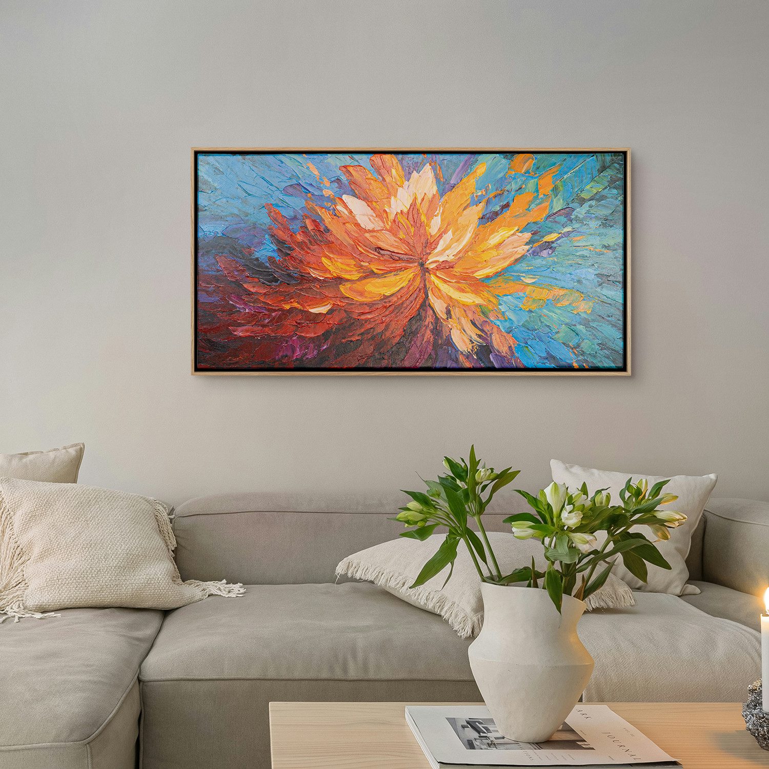 AUREDAS Gemälde "Balance im Chaos", 100x50cm, Rahmen hell, Abstrakt, Urban, Gemälde, handgemaltes Acrylgemälde, Panorama Format