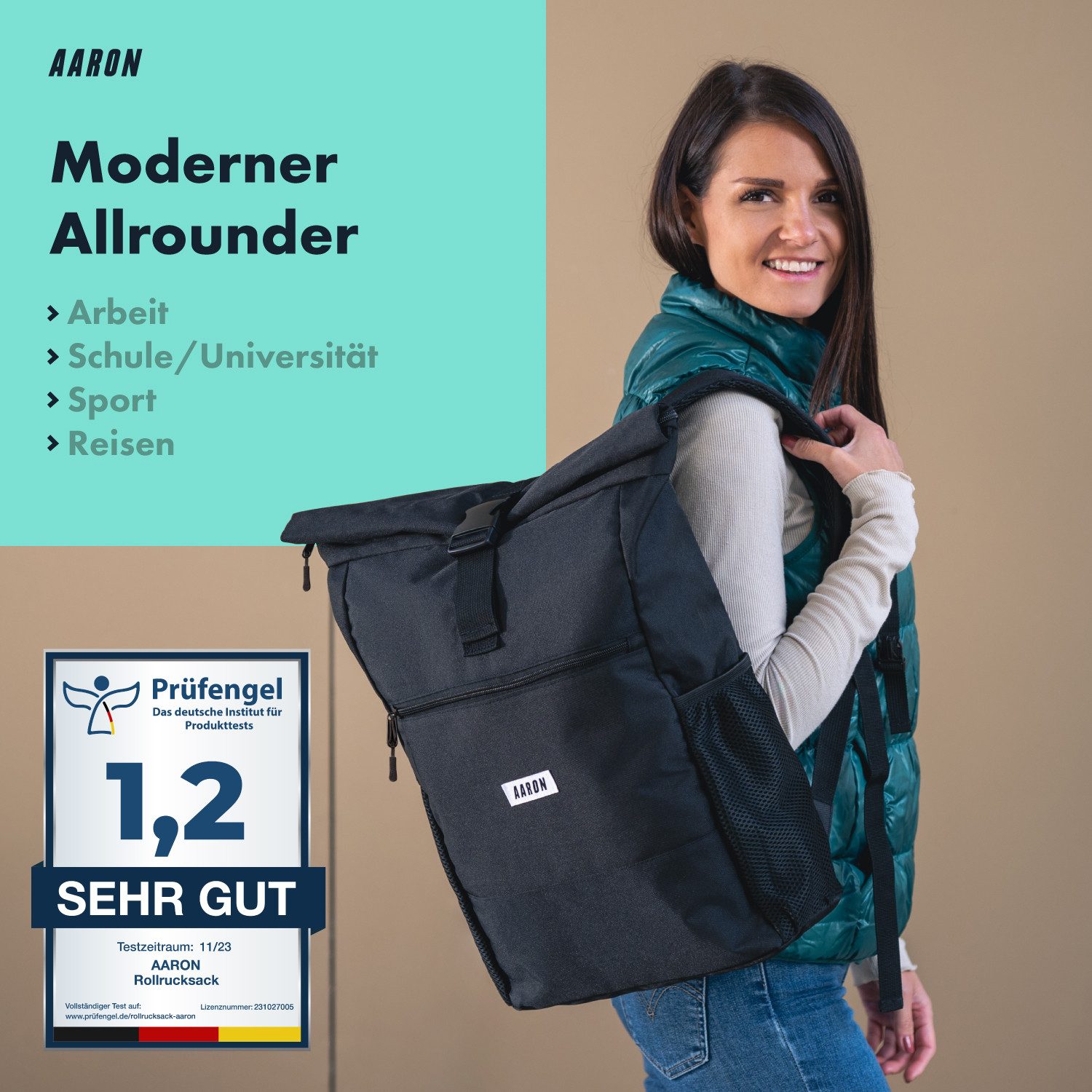 AARON Rucksack Rolltop 2.0 für Damen und Herren 18–26 L recycelt wasserabweisend