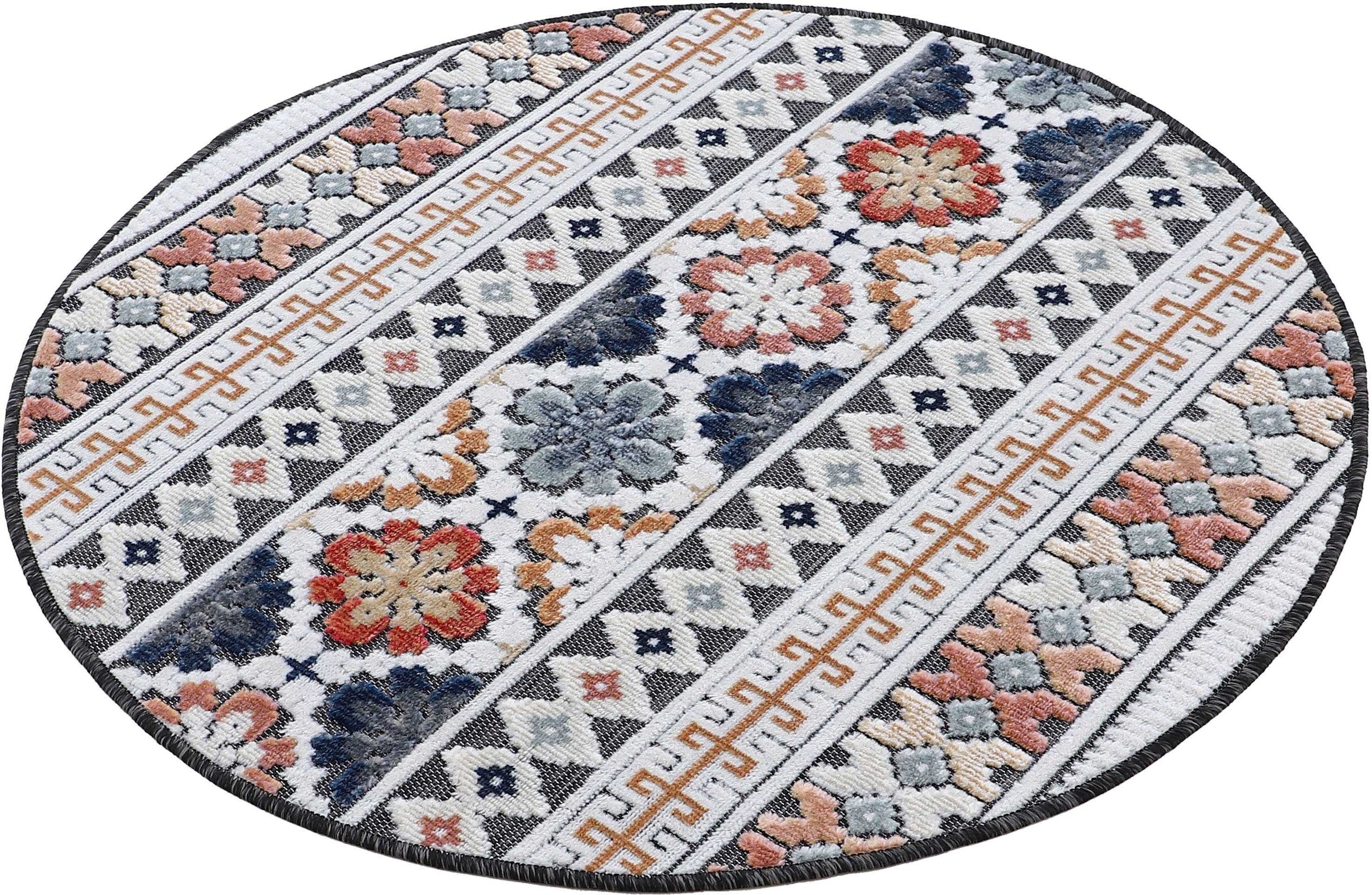 Teppich Deja 103, carpetfine, rund, Flachgewebe, Effekt Floral mm, 4 blau Hoch-Tief Palmenblätter, Motiv- robustes Höhe