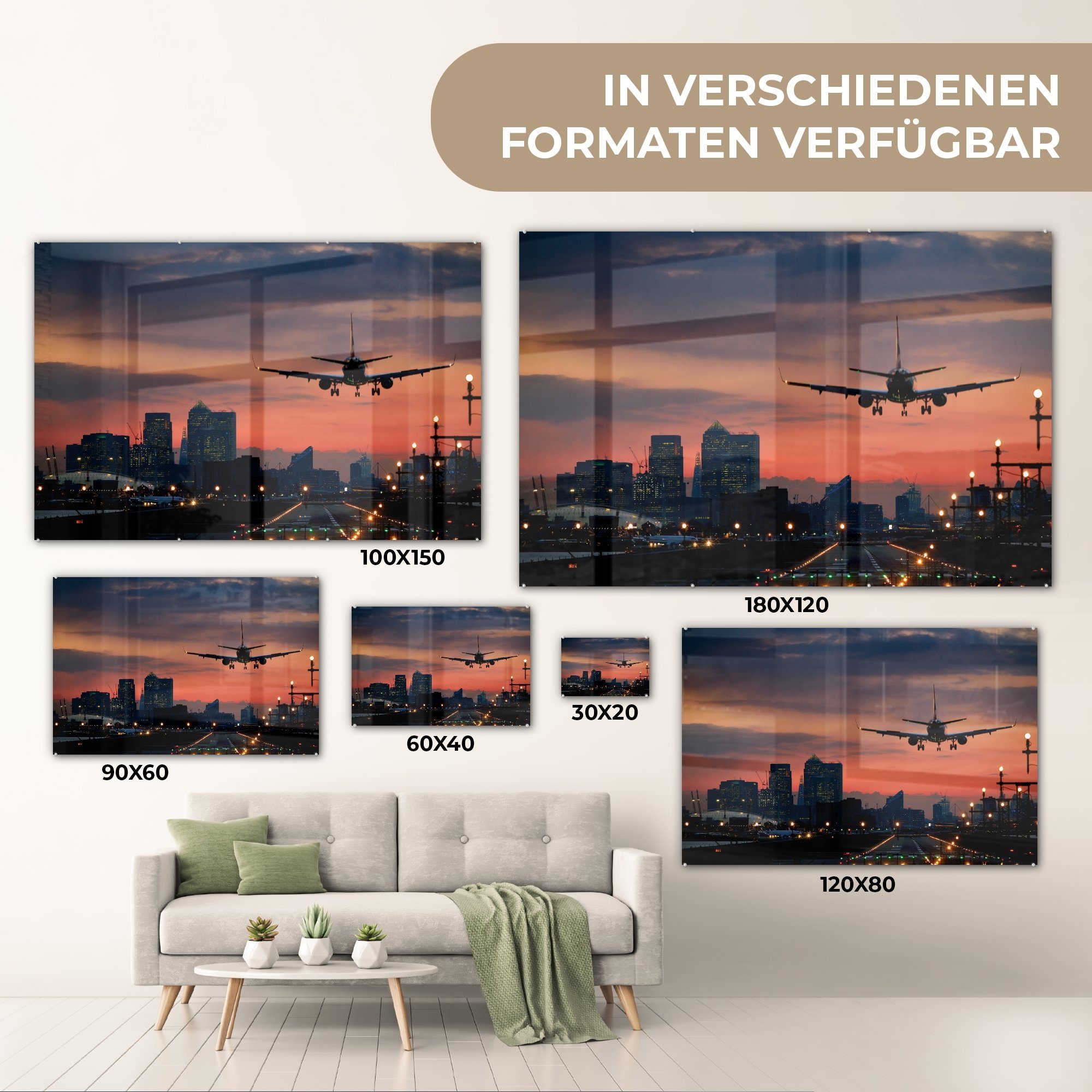 Sonnenaufgang, bei Acrylglasbilder Flugzeugs eines Schlafzimmer (1 St), Acrylglasbild Wohnzimmer & MuchoWow Landung