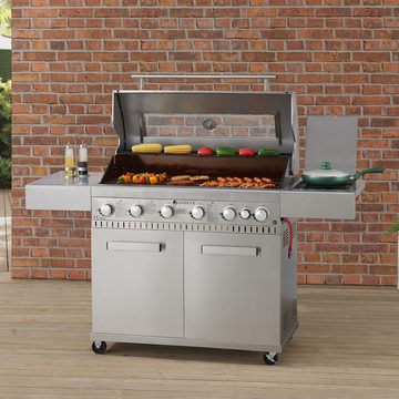 Juskys Gasgrill Minnesota, 6+1 Brenner, 20,3 kW, Gusseisen Rost, Thermometer, Seitenablagen