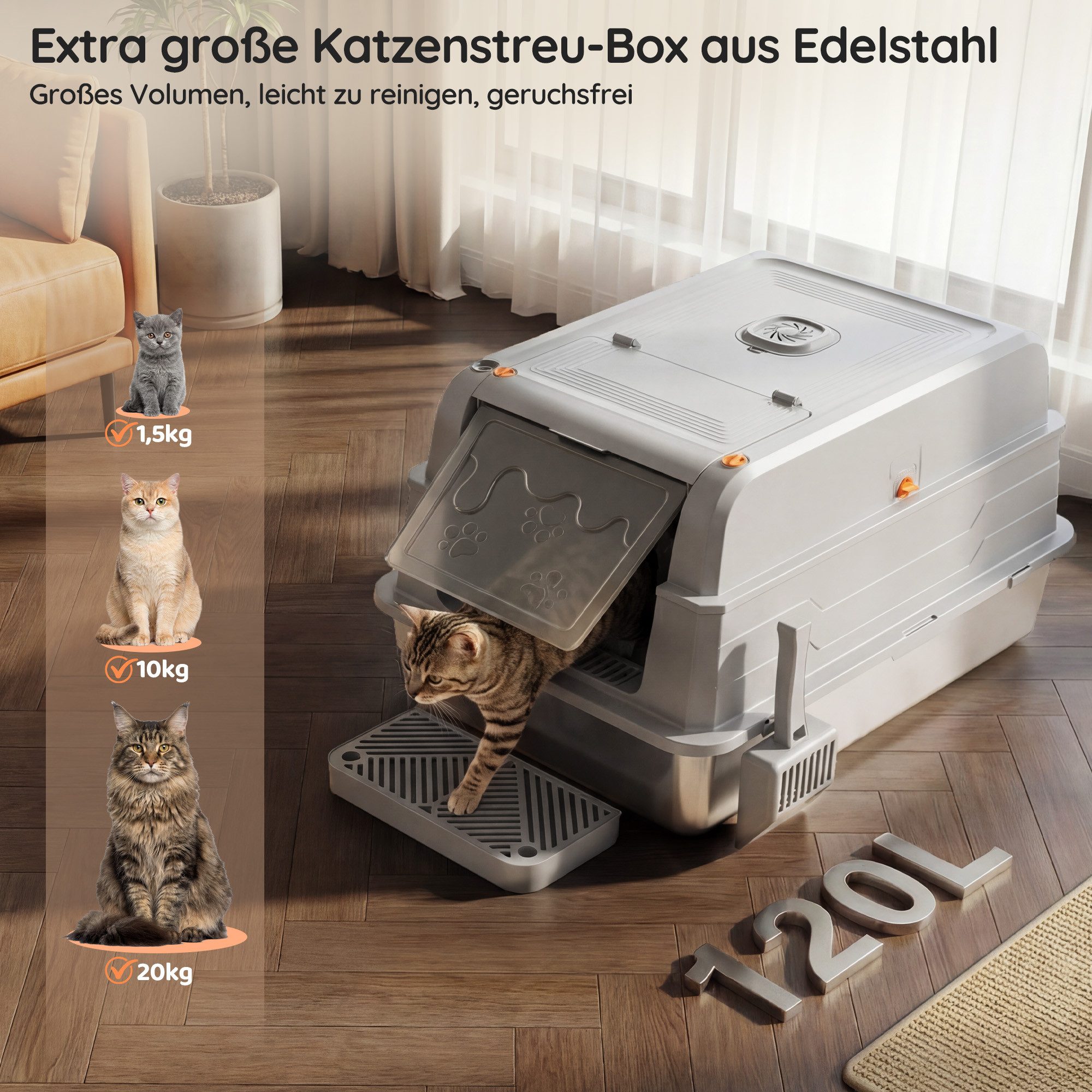 HOMALL Katzentoilette XXXL Katzenklo edelstahl,120L Großkapazität,70cm*50cm, Geruchsdicht & Auslaufsicher,Für Mehrkatzenhaushalte