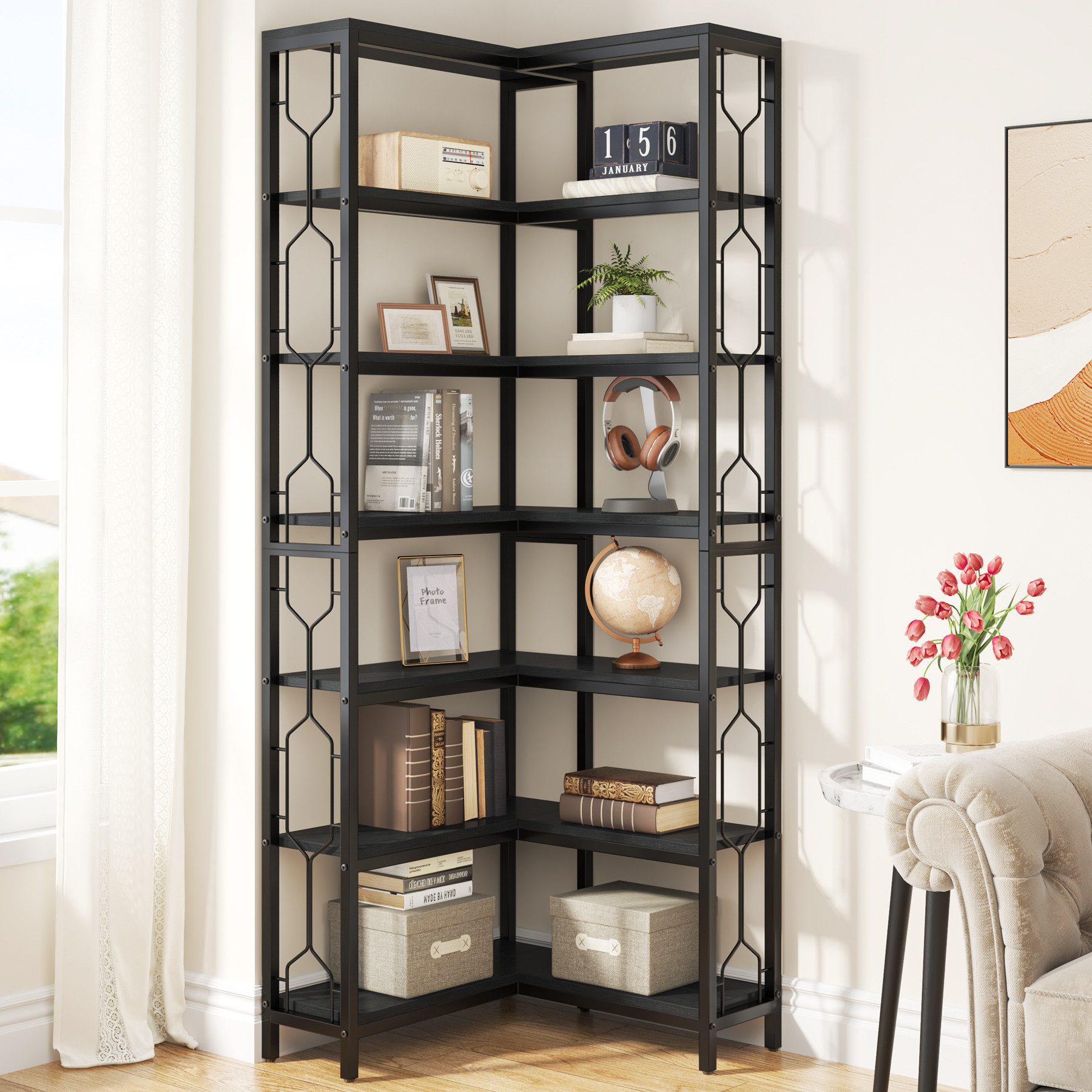 Tribesigns Bücherregal Eck-Bücherregal, 7-stöckiges Industrielles Eckregal, Freistehendes Lagerregal für Wohnzimmer, Küche, Home Office