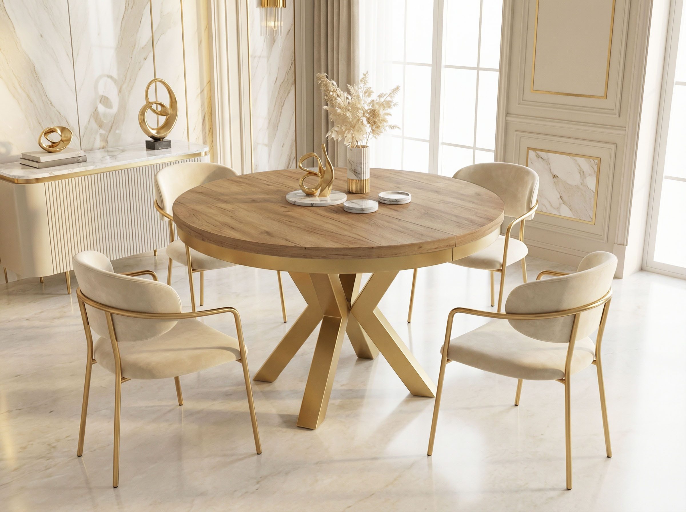 WFL GROUP Esstisch Clara Gold im Loft-Stil rund ausziehbar mit goldenen Metallbeinen (MADE IN EU, erhältlich in zwei Größen – 100/120 cm, ausziehbar auf 180/200 cm), platzsparender Industrial Tisch in Holzoptik für Wohnzimmer oder Küche