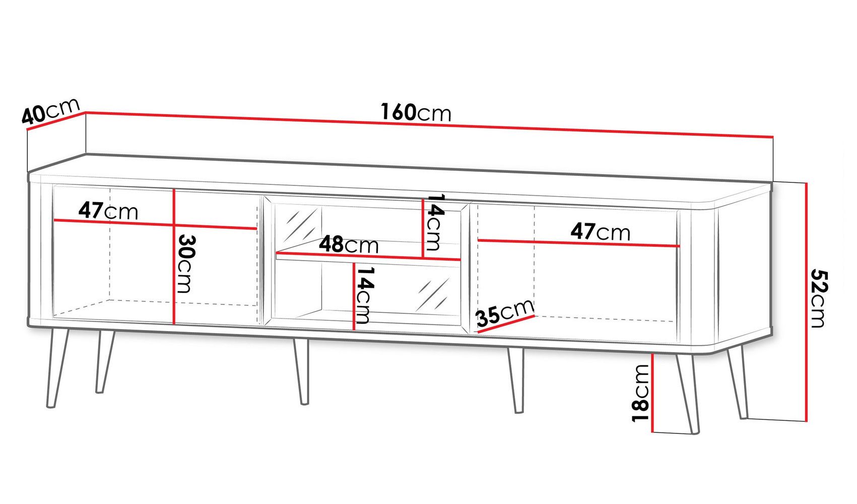 Feldmann-Wohnen Lowboard Marly (mit 1 Glastür, 2 Holztür, 3 Einlegeböden, 1 St., moderne Optik, abgerundeter Korpus, Zugengriffe aus Metall), 160x40x52cm Kaschmir / Graustein