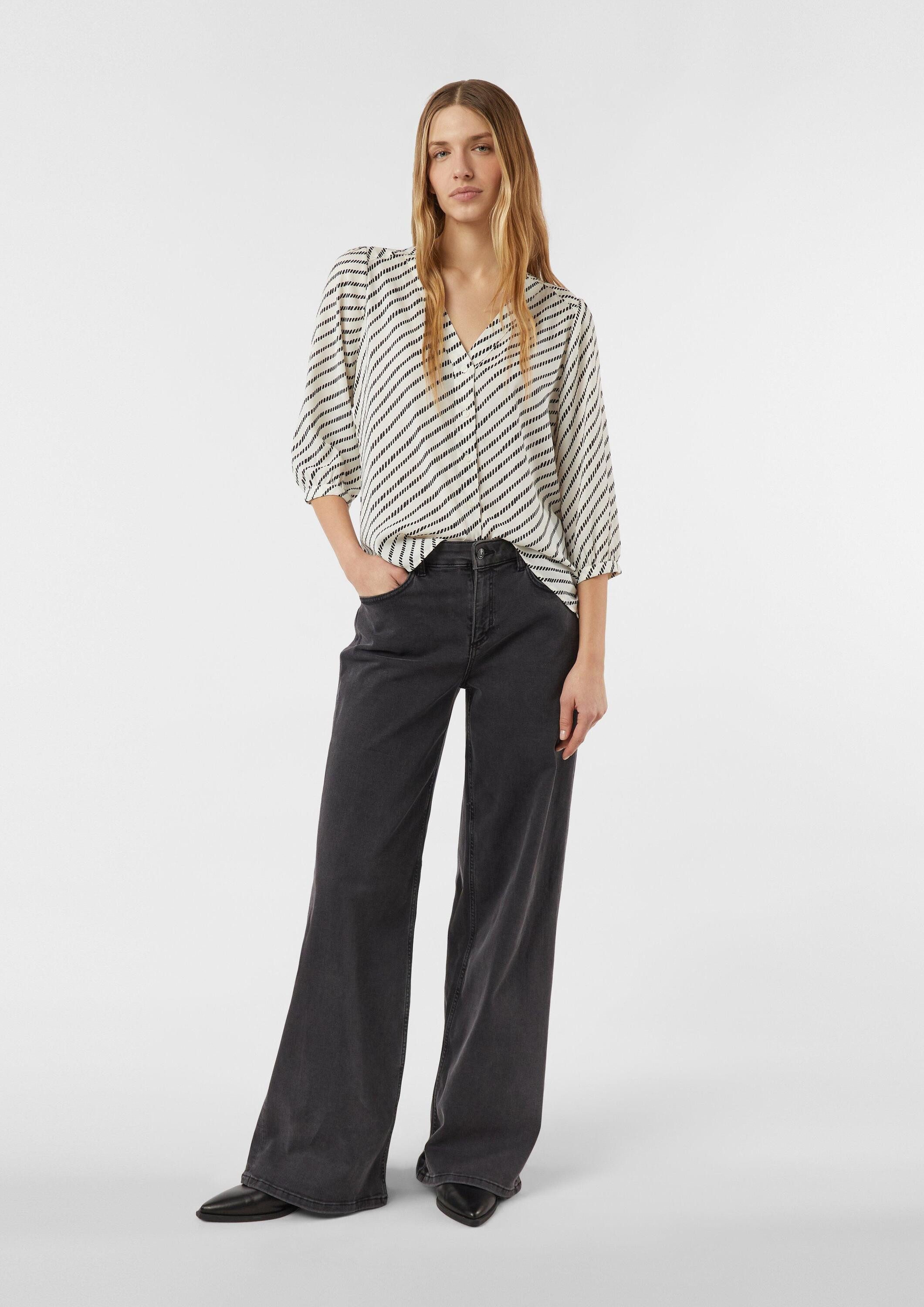 comma Kurzarmbluse Bluse Gemusterte Chiffon-Bluse mit 3/4-Ärmeln und Raffung