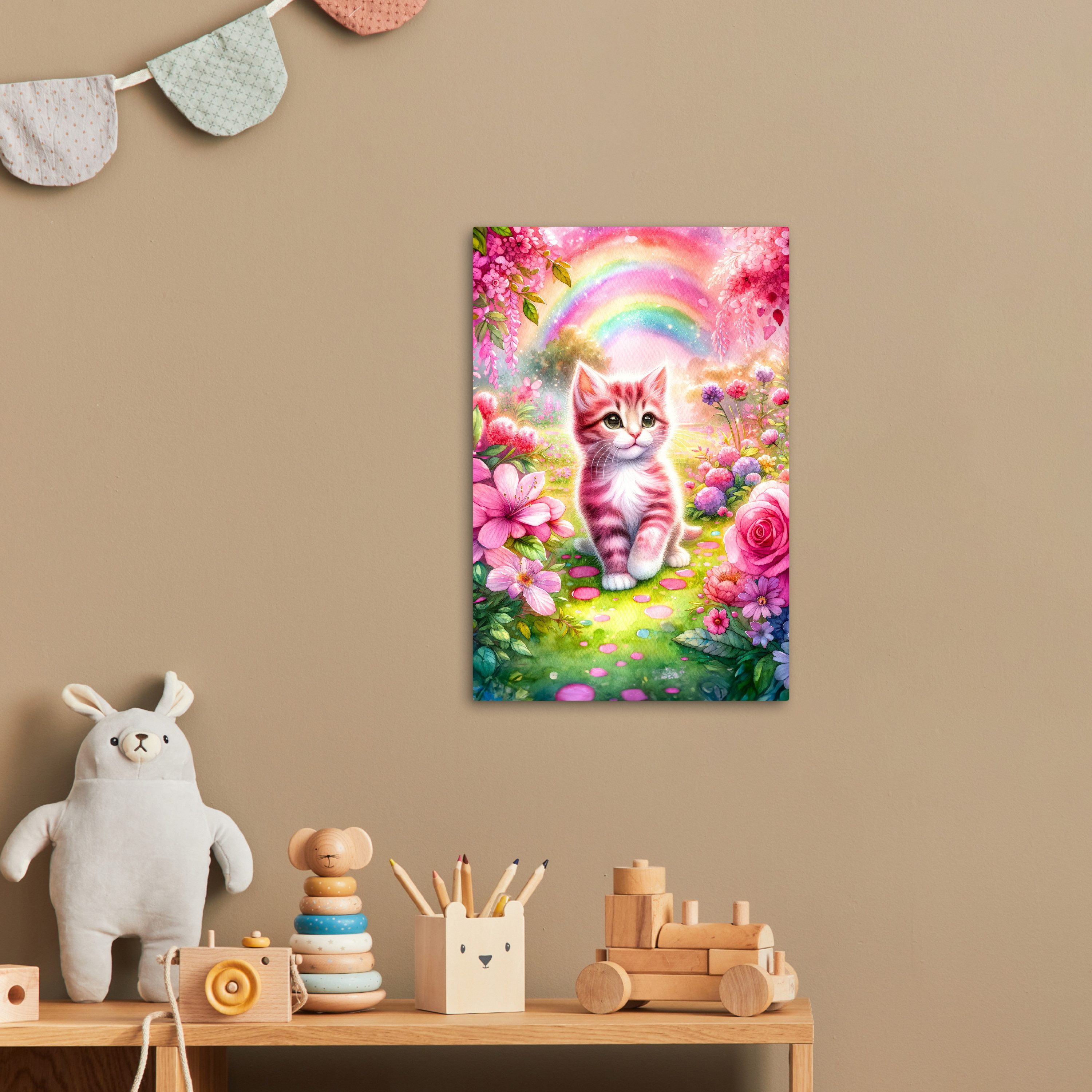OneMillionCanvasses® Leinwandbild Kätzchen - Rosa - Katze - Regenbogen - Blumen, Fotodruck (1 St), Kinderzimmer Deko, Mädchen und Jungen Bilder 20x30 cm