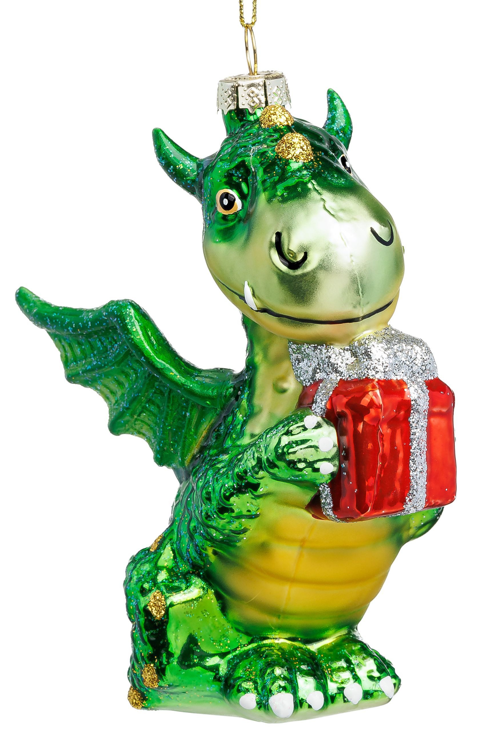 SIKORA Weihnachtsbaumkugel Drache mit Geschenk besondere Weihnachtskugel Glas Anhänger – BS057, Premium Christbaumschmuck Deko - traditionell & außergewöhnlich