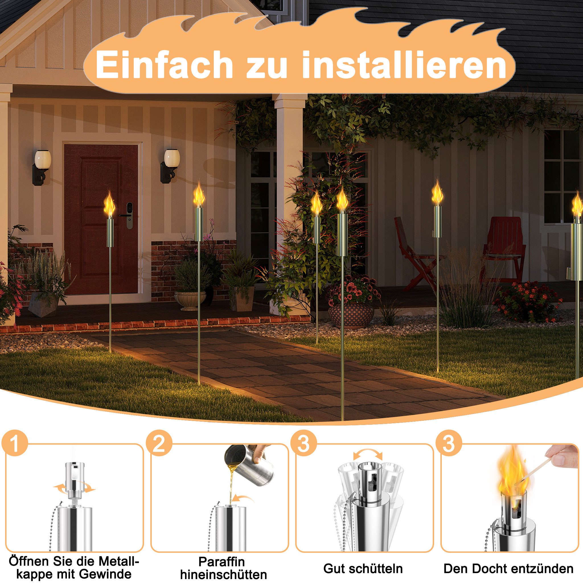 FIVMEN Gartenfackel 6 Edelstahl-Gartenfackeln Geeignet Öllampe mit Docht Tragbare Fackeln, für Garten, Terrasse, Camping – Bild 5 von 5
