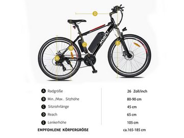 Myatu E-Bike 26 Zoll Elektrofahrrad Mountainbike mit 12,5AH Batterie, 21 Gang, Kettenschaltung, Heckmotor