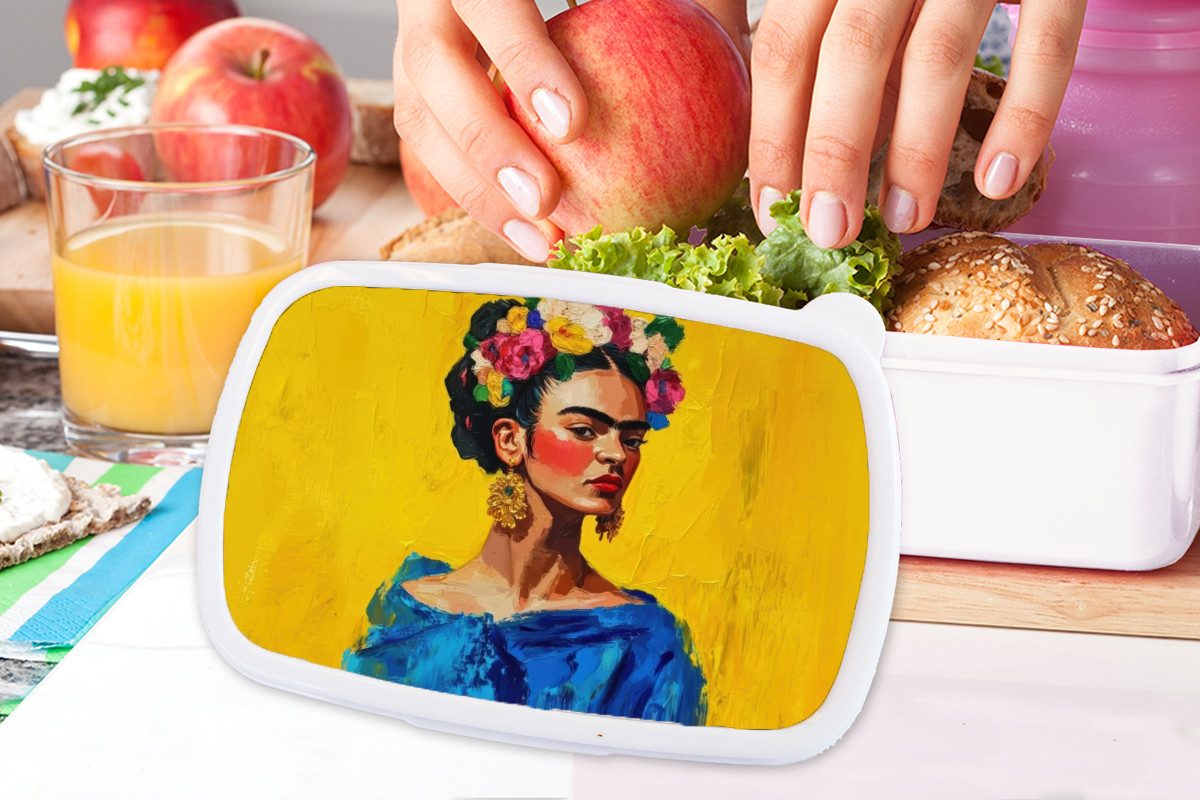 MuchoWow Lunchbox Frida Kahlo - Frau - Gelb - Blau - Blumen, Kunststoff, (2-tlg), Brotdose Schule oder Arbeit, Brotbox für Kinder und Erwachsene