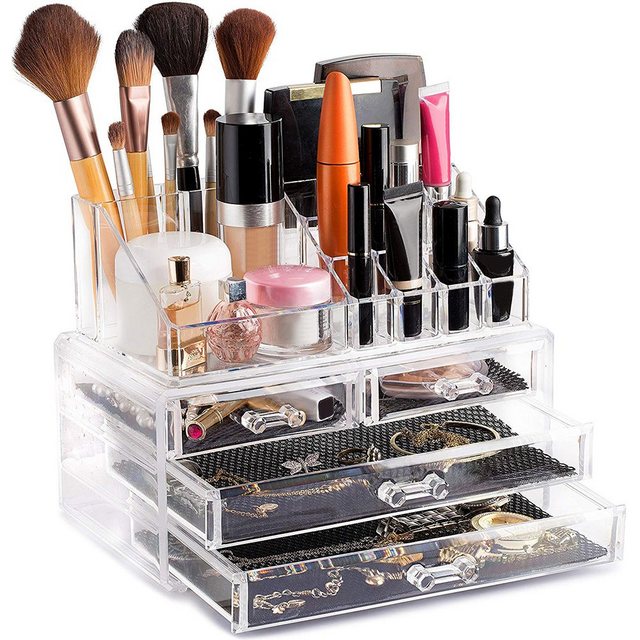 Rosnek Make-Up Organizer “Klar Acryl, Lippenstift Schmuck Hautpflege Kosmetik Lagerung, für Desktop Countertop Bad”, Oberteil+Unterteil Organizer, 1-tlg.