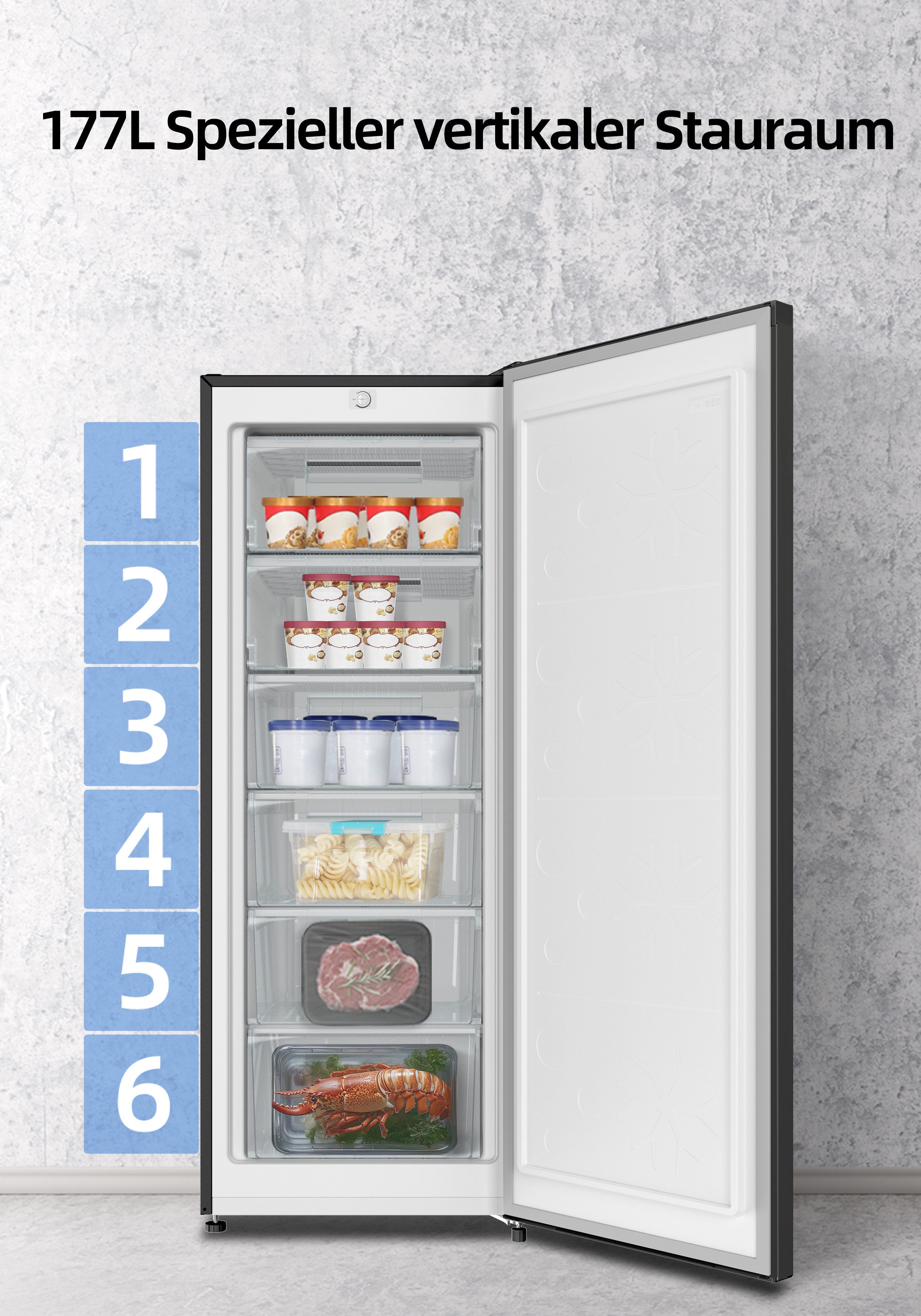 CHiQ Gefrierschrank Schneller Gefrierschrank CSD208D4D, 144 cm hoch, 4 Sterne 177L Gefrierschrank, 12 Jahre Garantie auf den Kompressor