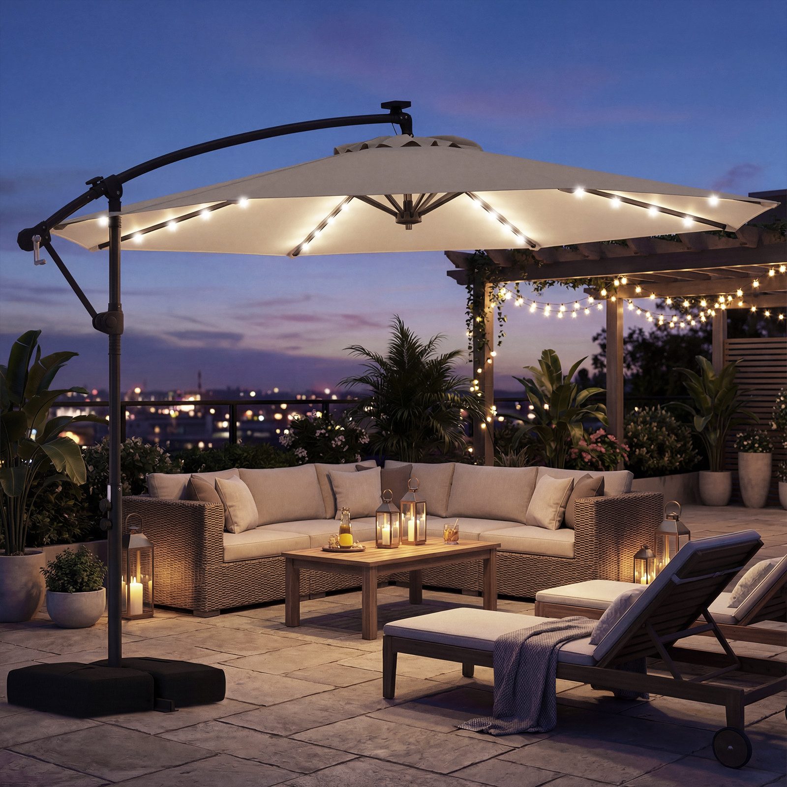 COSTWAY Sonnenschirm Balkonschirm, mit Ständer und LED, 300 cm Ampelschirm 360° drehbar