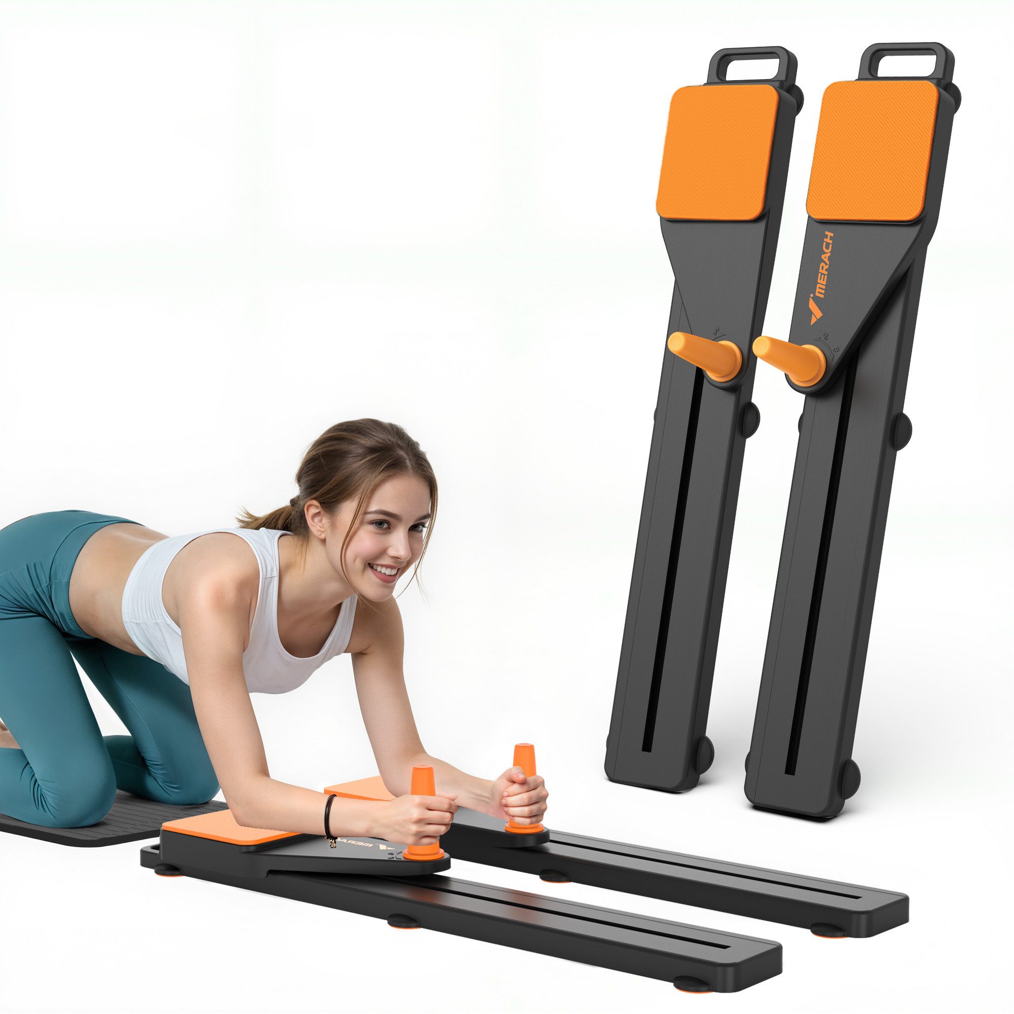 MERACH Multitrainer 4-in-1 Pilates-Board, Push-Up-Bauchmuskel-Roller, (2-tlg, 6,8kg Widerstandsband, Core-Training für Bauch, Arme, Beine, 1-St., zerlegbarem Design, Kniepolster, Heimstudio-tauglich, Anti-Rutsch), Platzsparend, Bauchmuskelübungsgerät für Ganzkörpertraining
