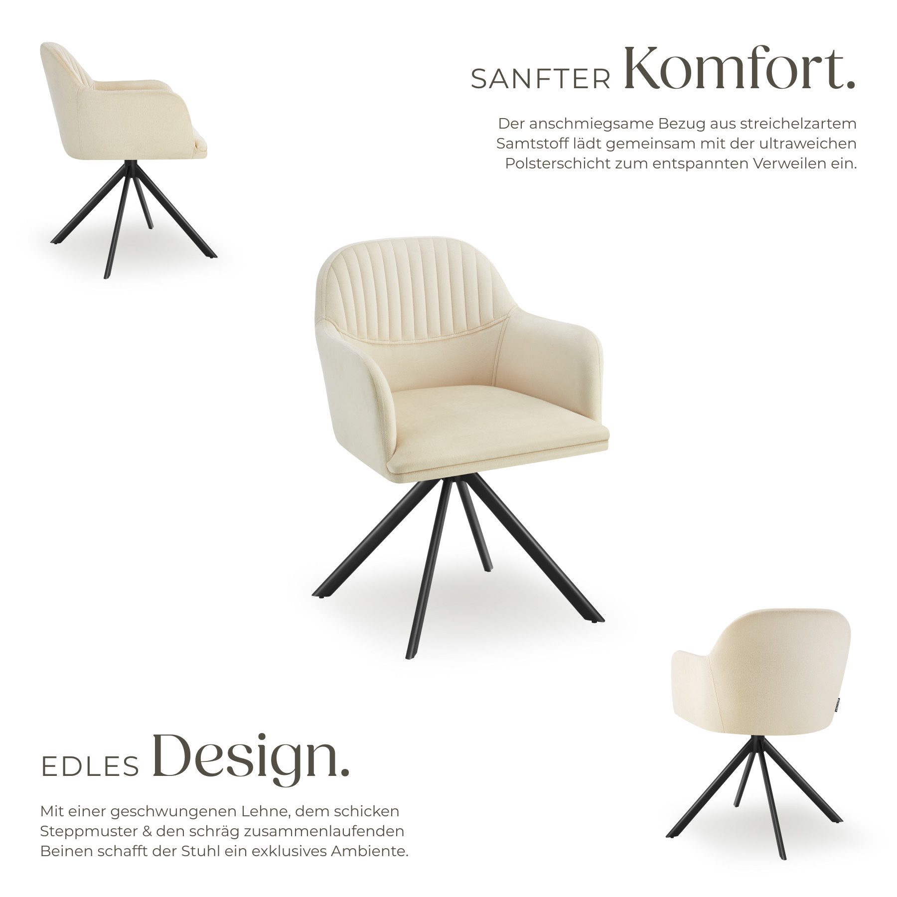 tectake Esszimmerstuhl Samt-Drehstuhl Lona mit dicker Polsterung (Set, 1 St), Große Sitzschale, durchgehende Arm- & Rückenlehne, bequemer Polsterung