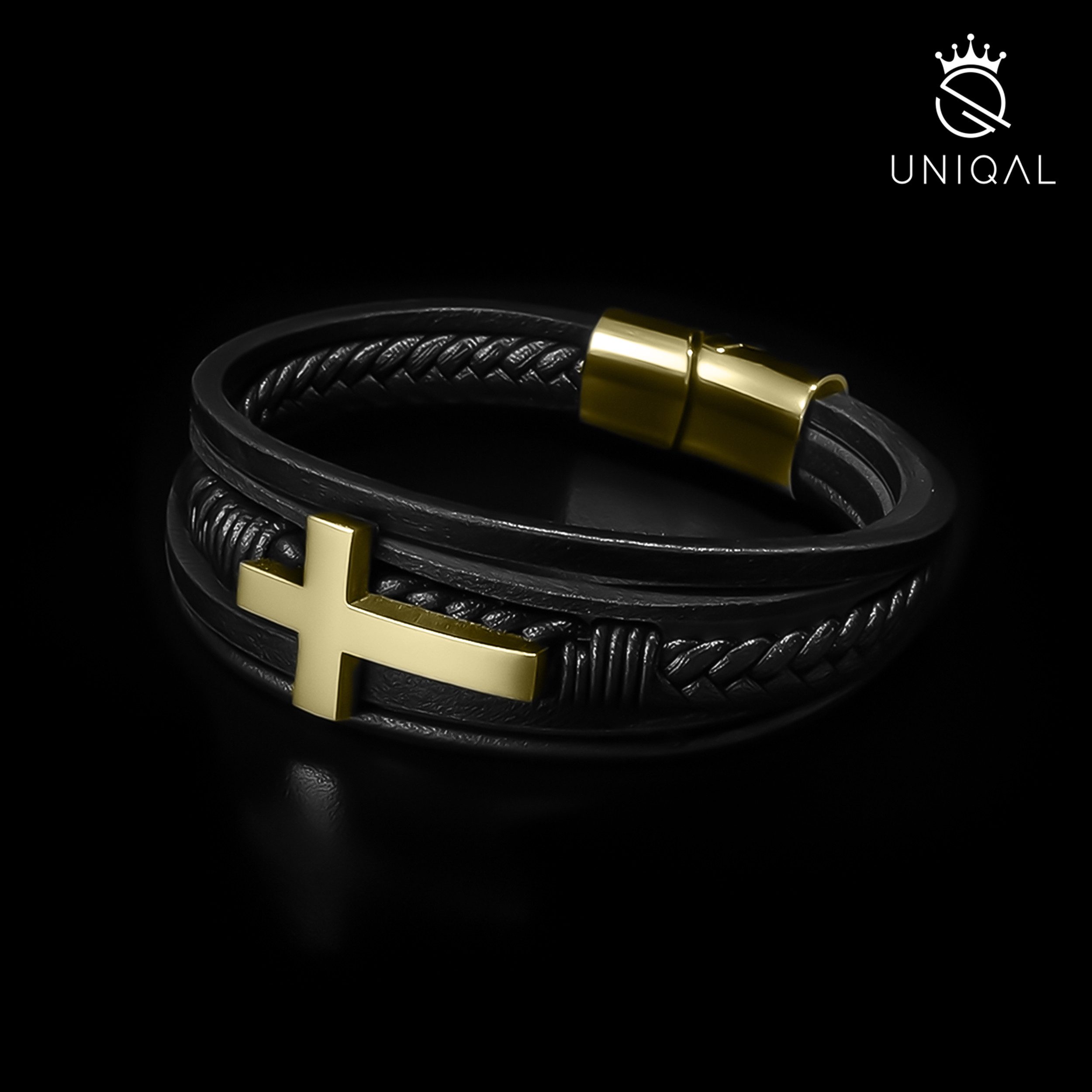 UNIQAL.de Lederarmband HEAVEN – Kreuzarmband aus Edelstahl, Symbol für Glaube & Stärke (Edelstahl, Echtleder, Casual Style, Magnetverschluss mit Verlängerungsglied), Premium Qualität, Männerschmuck, Geschenkidee