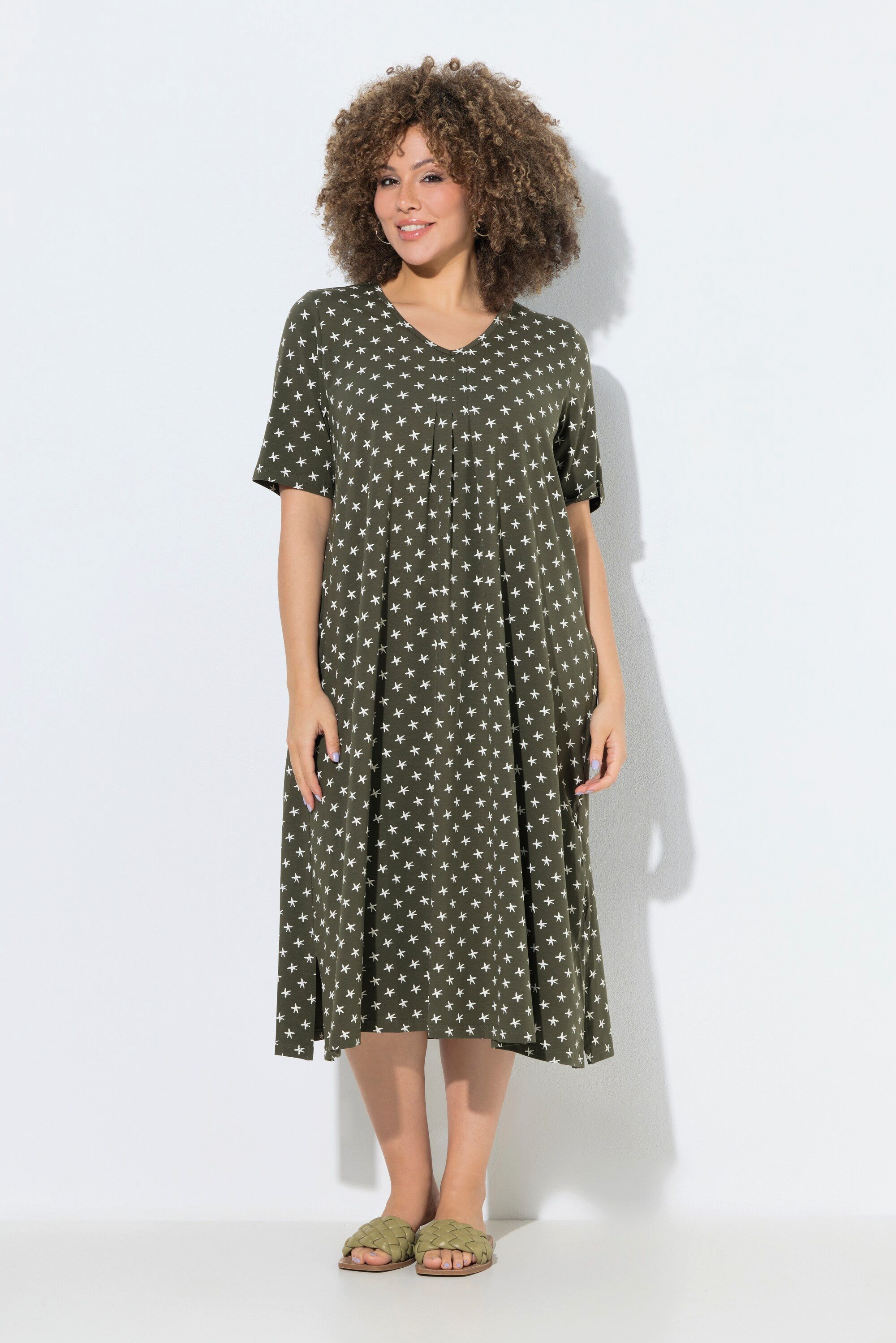 Ulla Popken Jerseykleid Midikleid Sterne V-Ausschnitt Halbarm Taschen