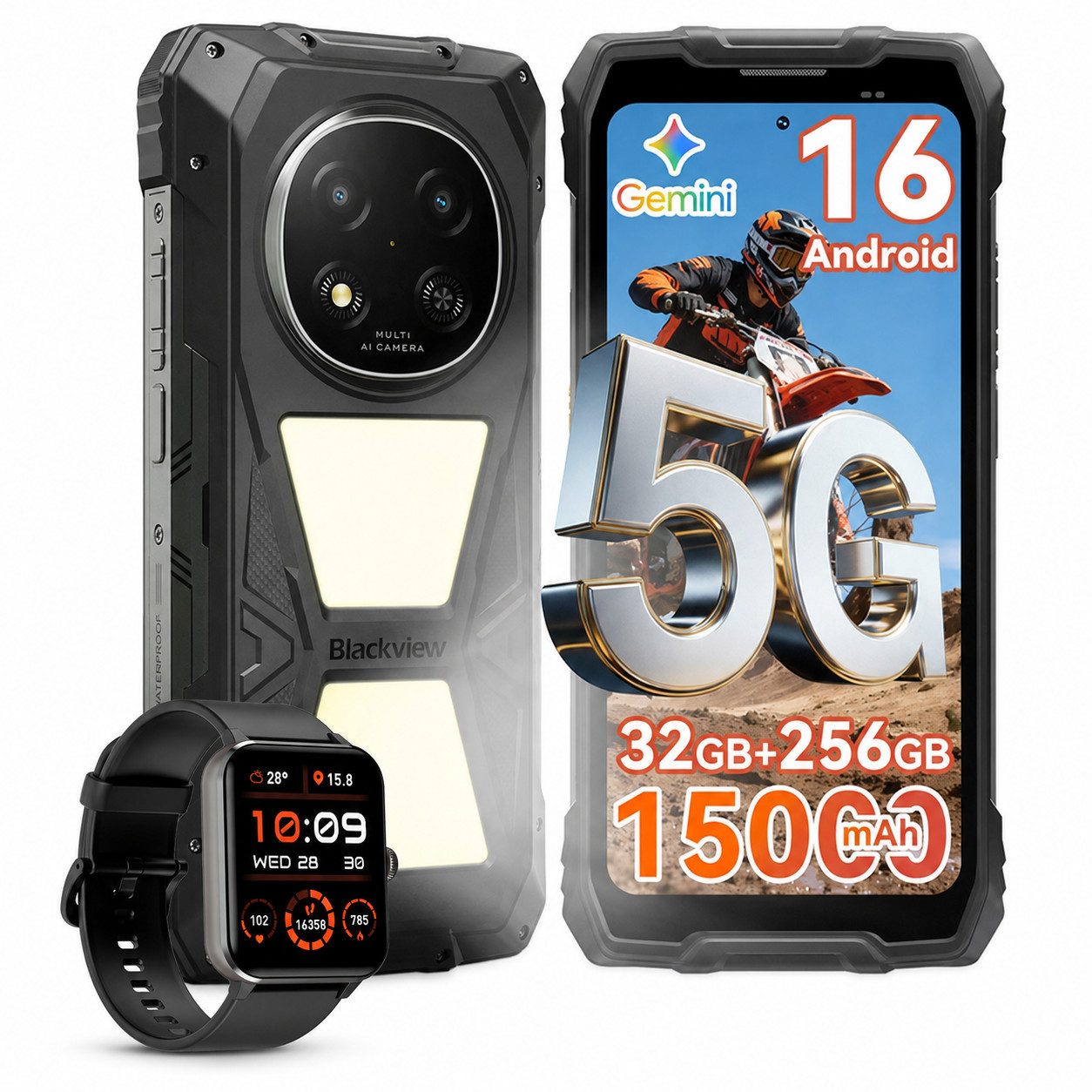 blackview ROCK 2 Pro 5G, 15000 mAh, 400 Lm Campinglicht, IP69K incl. R50 Smartphone (16,94 cm, 256 GB Speicherplatz, 13 MP Kamera, Campinglicht, SOS-Modus, OTG Reverse Charging, Glove Mode, 33W)