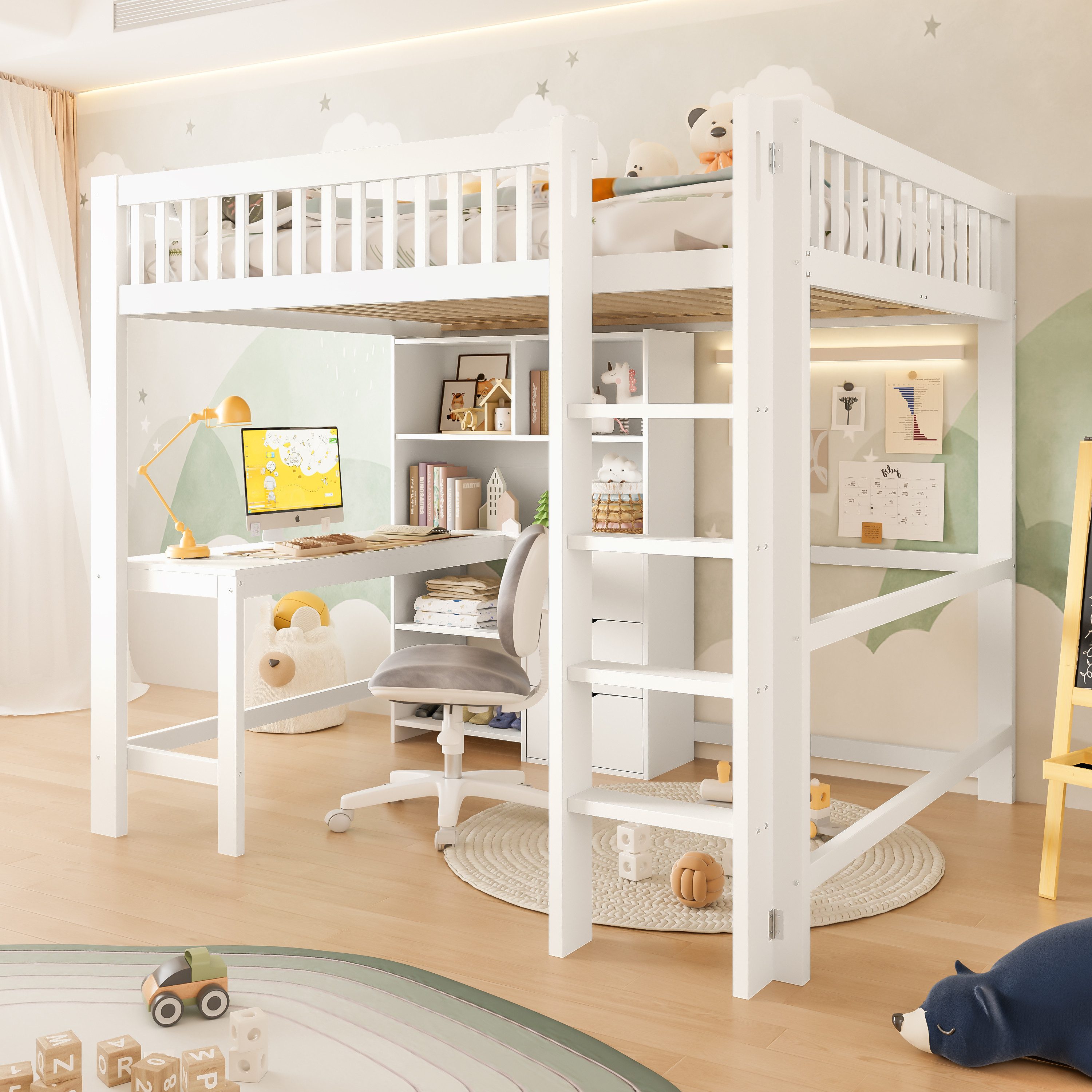 Flieks Hochbett Kinderbett Massivholzbett 140x200cm mit Schreibtisch und Stauraum