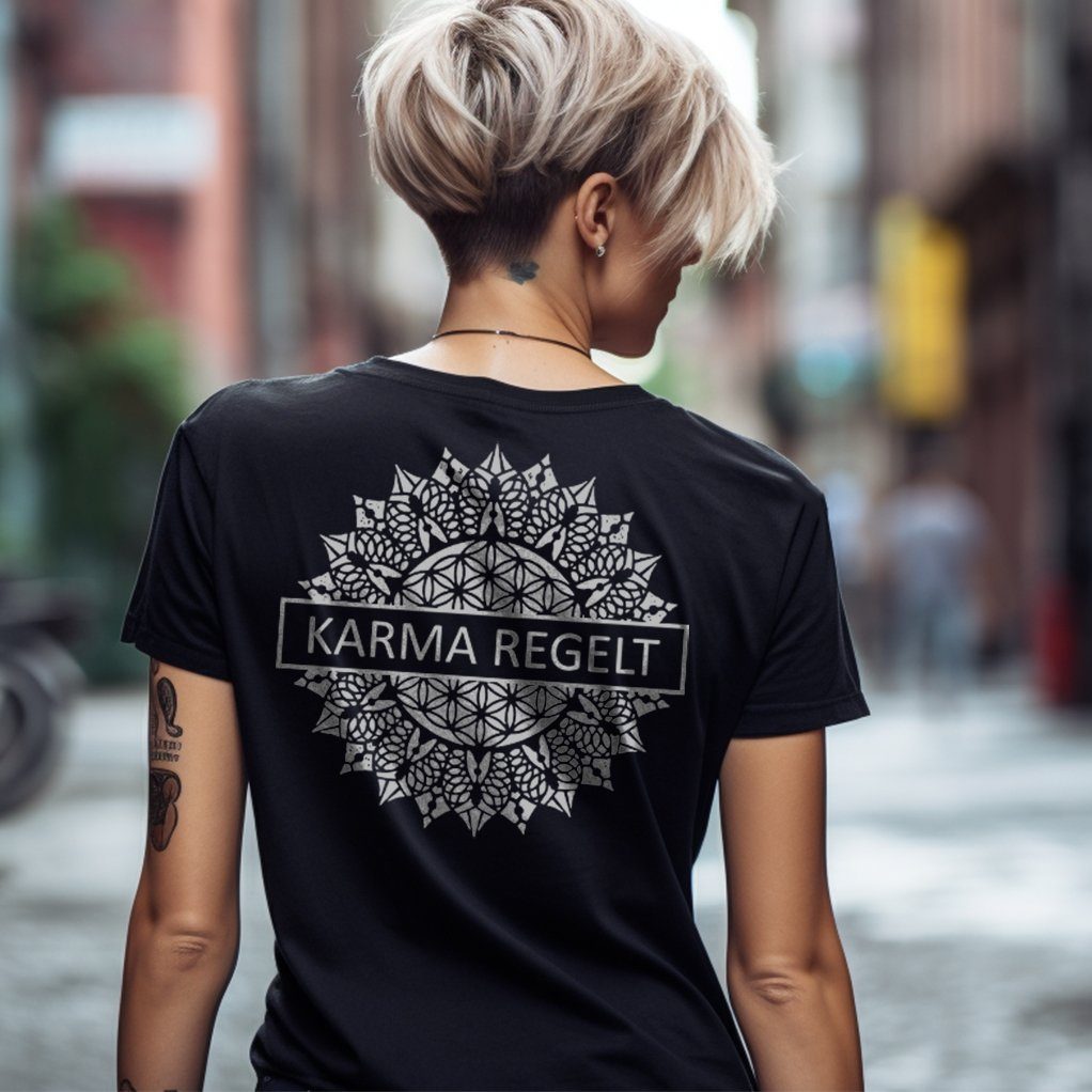 Druck Spruch MAKAYA Sprüche Rückenprint, Rücken Rückendruck Print-Shirt Aufdruck Damen Karma Mandala Schwarz