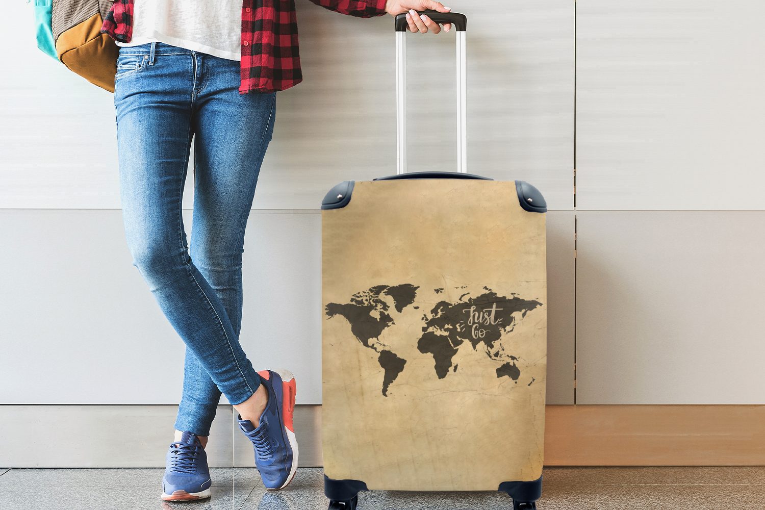Reisekoffer Reisetasche Ferien, rollen, MuchoWow 4 - mit Handgepäckkoffer Beige, Trolley, Weltkarte Zitat Rollen, für Handgepäck -