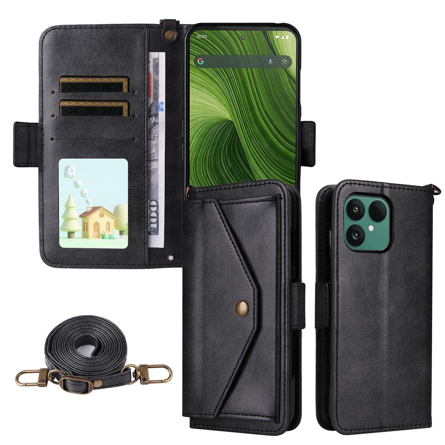 Wigento Smartphone-Hülle Für Fairphone 6 Crossbody Echtleder Kartenfach Schutz Hülle Schwarz, Mit Kartenfächern, Gurt, Standfunktion