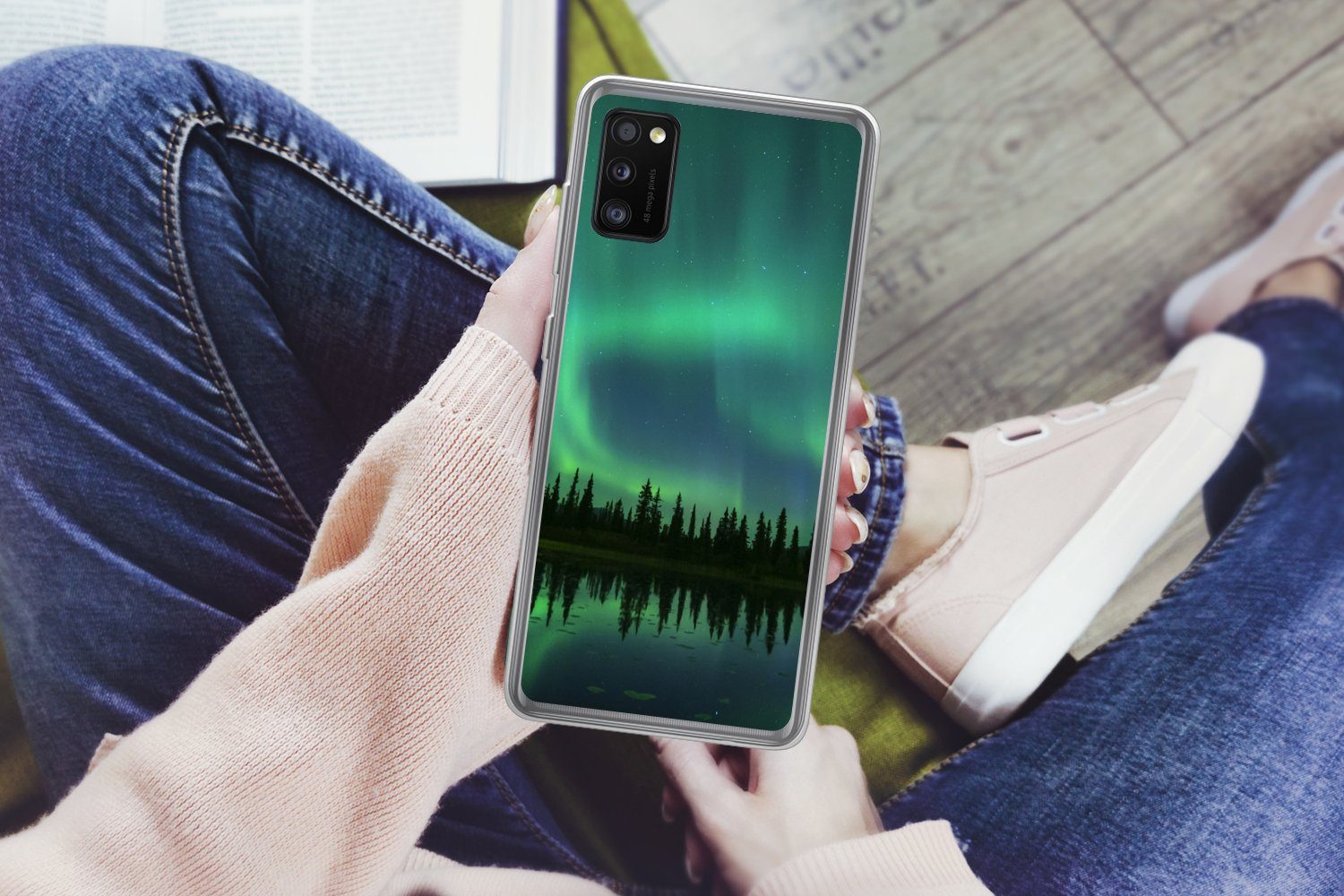 MuchoWow Handyhülle für Samsung Galaxy A41 Nordlicht - Bäume - Wasser - Alaska, Smartphone-Bumper, Print, Handy Schutzhülle Dünn