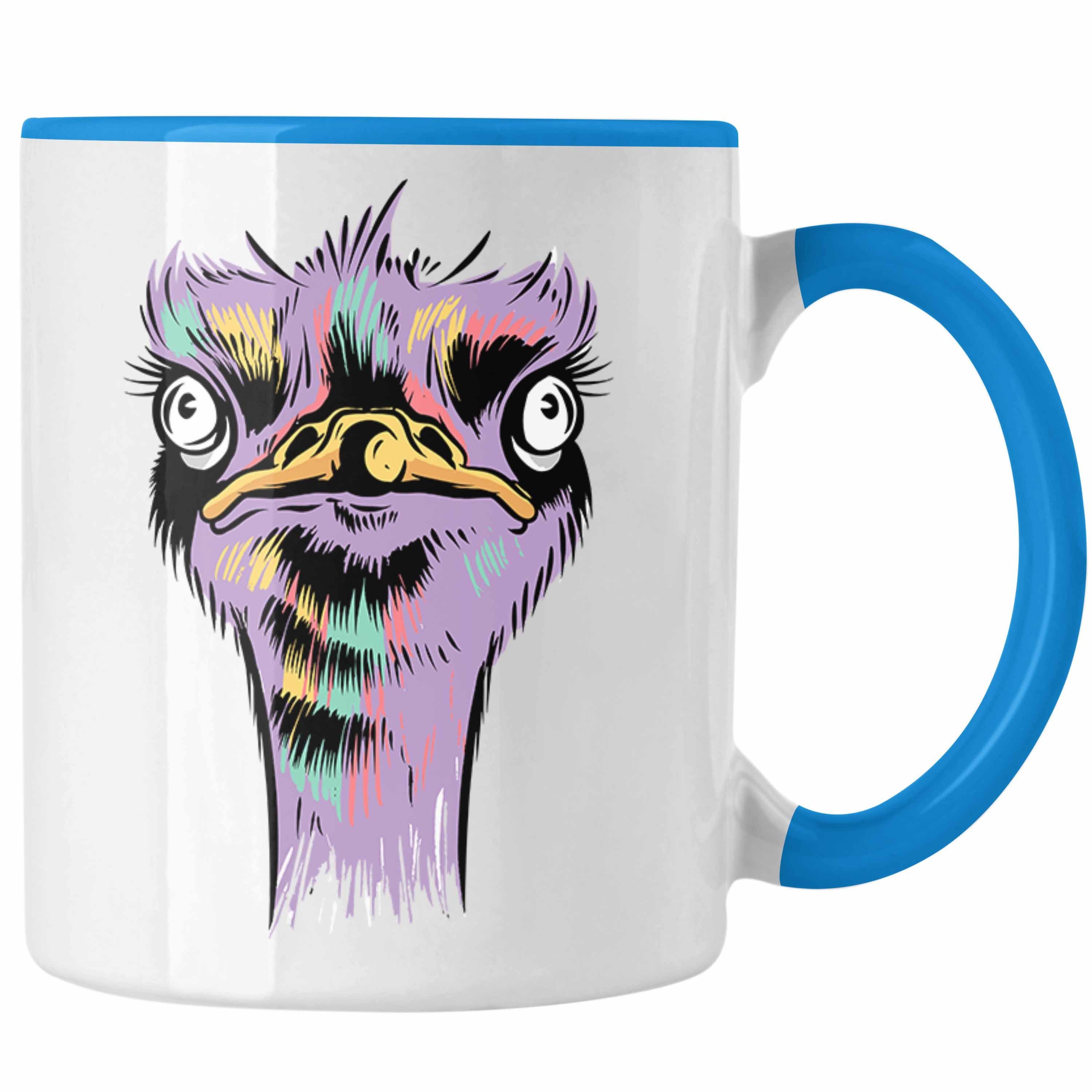 Trendation Tasse Lustige Strauß Vogel Tasse Geschenk für Safari-Liebhaber Blau