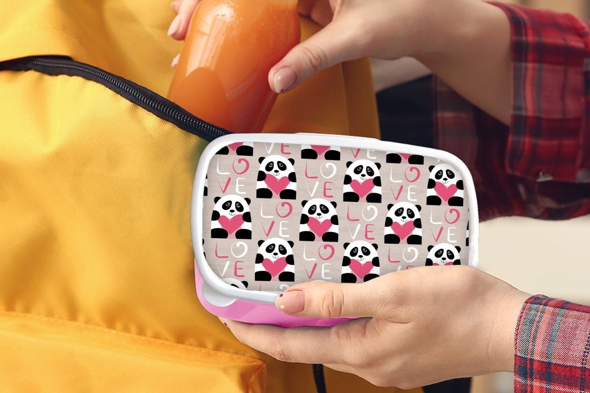 MuchoWow Lunchbox Mädchen, Snackbox, Brotdose - für Panda (2-tlg), Kinder, rosa Muster, - Kunststoff, Brotbox Kunststoff Herzen Erwachsene