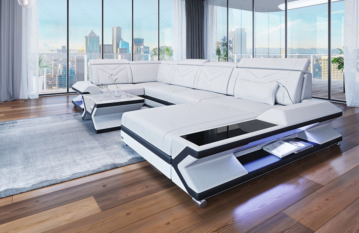 Sofa Dreams Wohnlandschaft Napoli U Form Mini Leder, Designersofa, 6-Sitzer, Ottomane, Leder, LED-Beleuchtung, viele Farben, Kopfstützen
