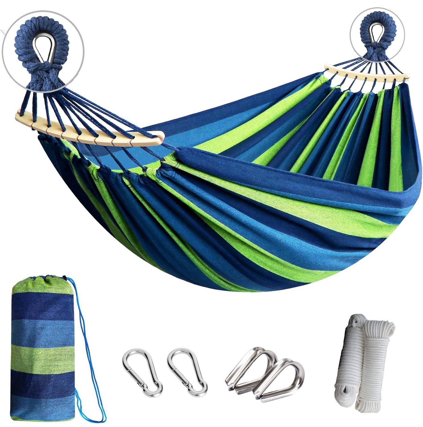 Forrlite Hängematte Hängematte Outdoor aus Baumwolle mit Gebogenen Holzstangen (Bequeme Stoffhängematte mit Aufhängung & Tragetasche, Robuste Reisehängematte für Garten, Balkon, Terrasse, Camping & Indoor)