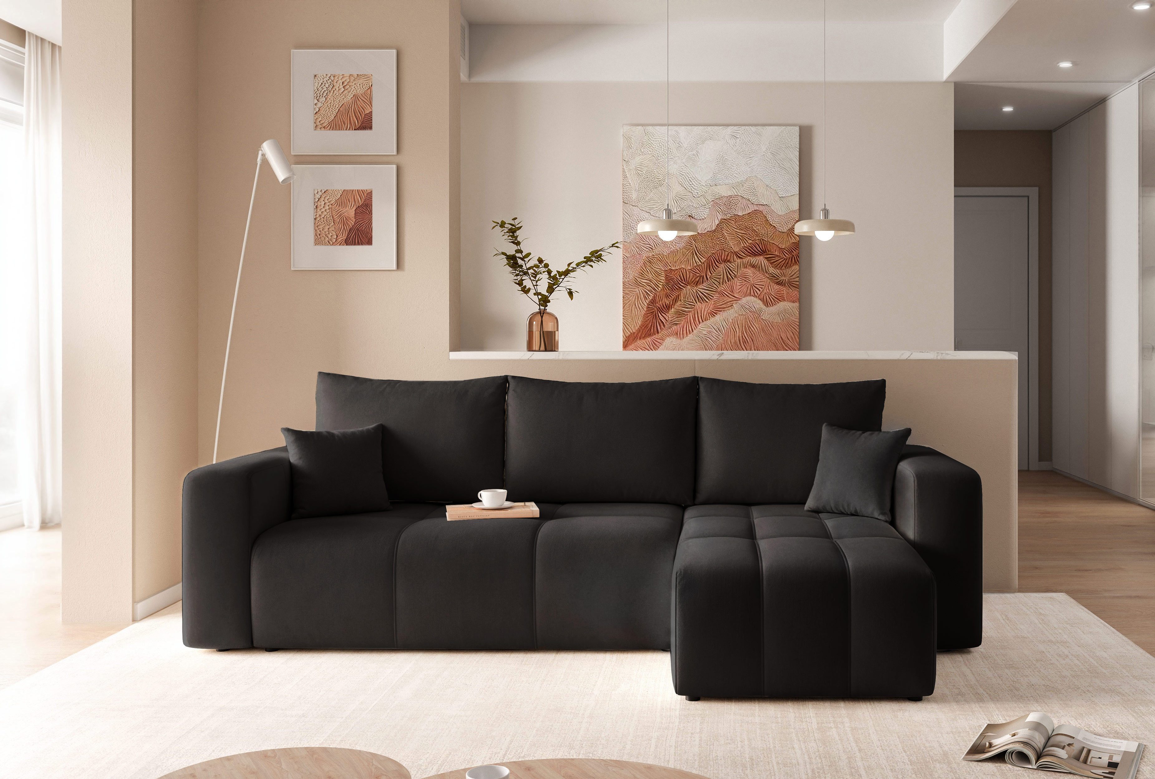 yourhouse24 Ecksofa PEDRO L – Samt-Optik, Schlaffunktion & Bettkasten, mit Schlaffunktion und Bettkasten, Seite universal