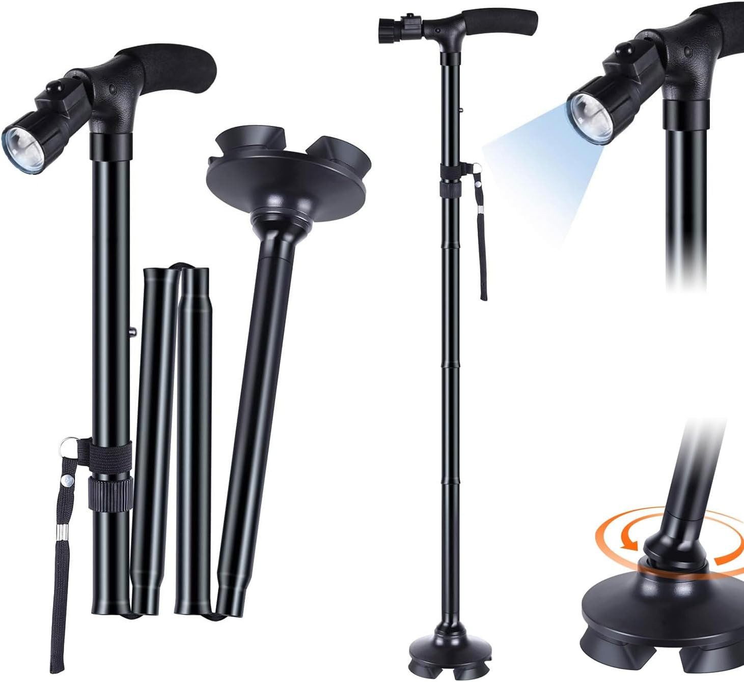 ZEUOPQ Gehstock Gehstock Höhenverstellbar, Faltbar mit 45° Einstellbar Licht, Ausziehbarer Gehstock, Licht Alu Gehstock Handstock Hoehenverstellbar, 1-tlg., Gehstock mit 5-stufige Höhenverstellung, 360° drehbarer Fuß, für Senioren, Personen mit Beinverletzungen.