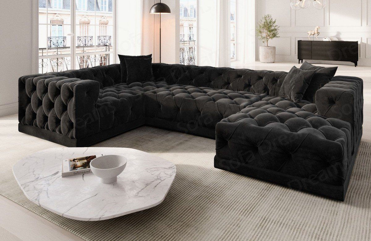 schwarz95 Samtstoff Sofa Designer Sofa Loungesofa, Stil Chesterfield Stoffsofa, U Palma Wohnlandschaft Dreams Form Stoff