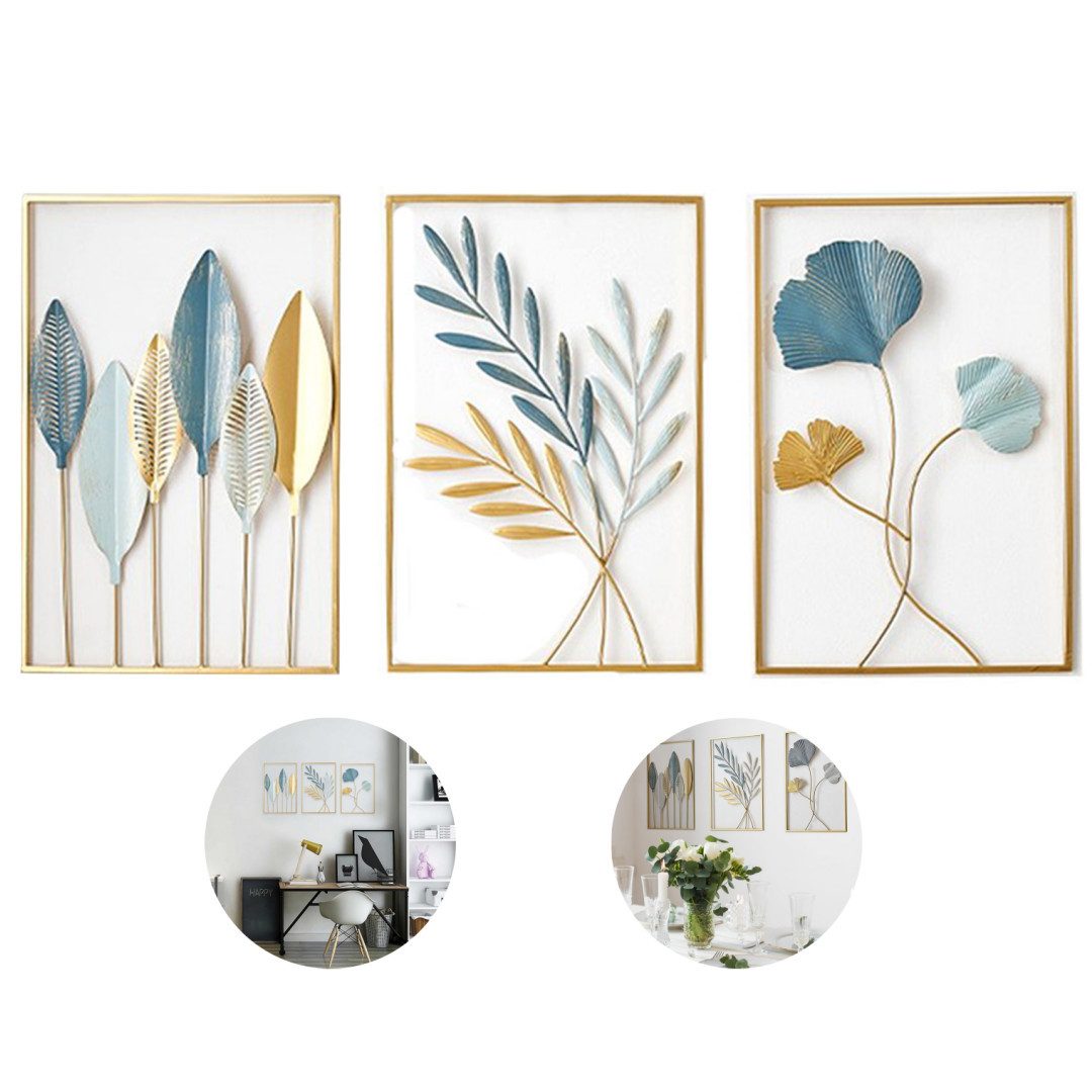 REDOM Wanddekoobjekt 3-teiliges Wandbild Metall Blatt-Deko 43x30 cm (Handge günstig online kaufen