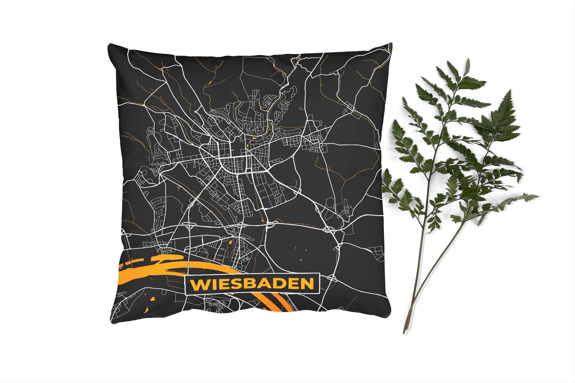 MuchoWow Dekokissen Wiesbaden - Deutschland - Karte - Gold - Stadtplan, Zierkissen mit Füllung für Wohzimmer, Schlafzimmer, Deko, Sofakissen