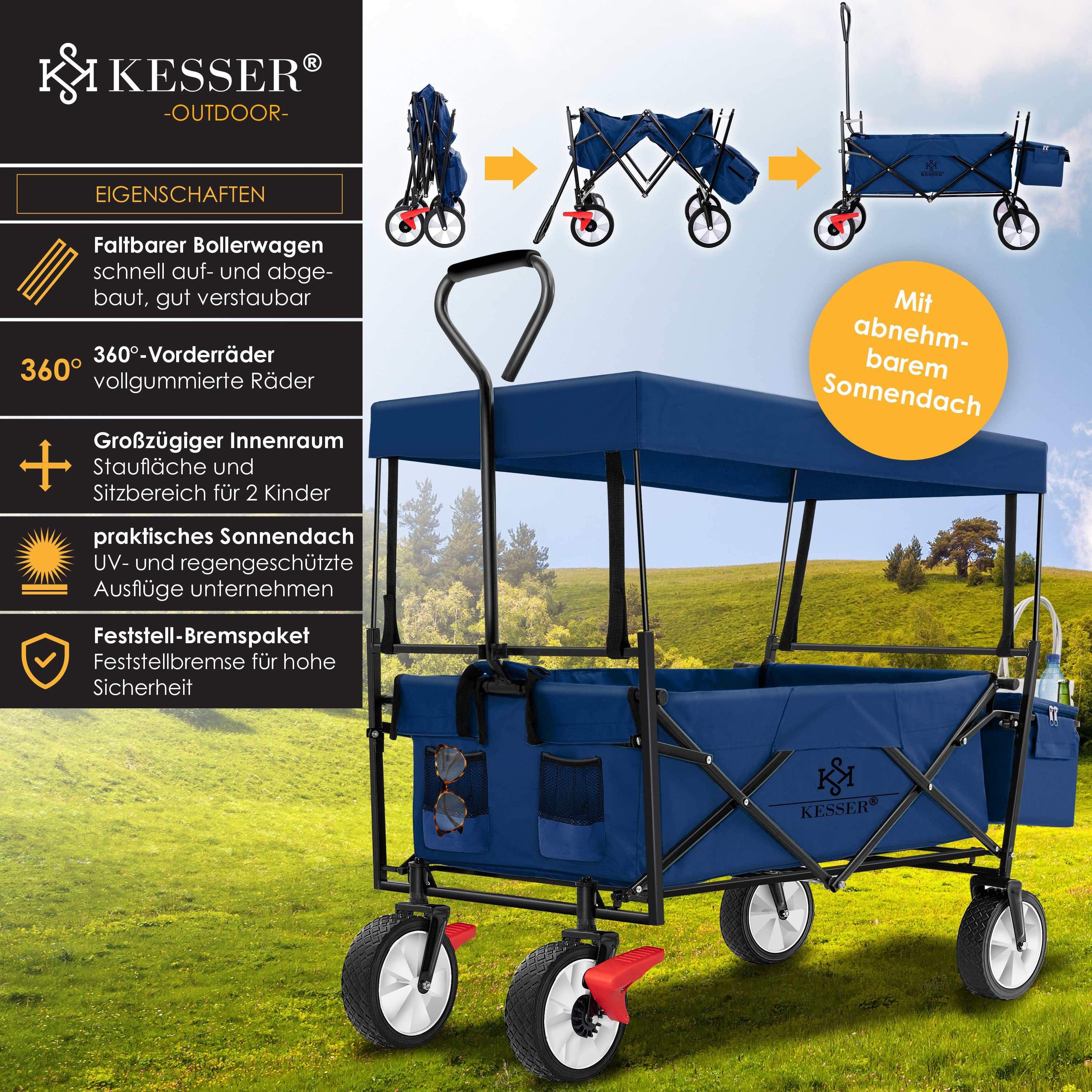 KESSER Bollerwagen, Bollerwagen faltbar Handwagen Geräte Transportkarre mit Dach blau/navy