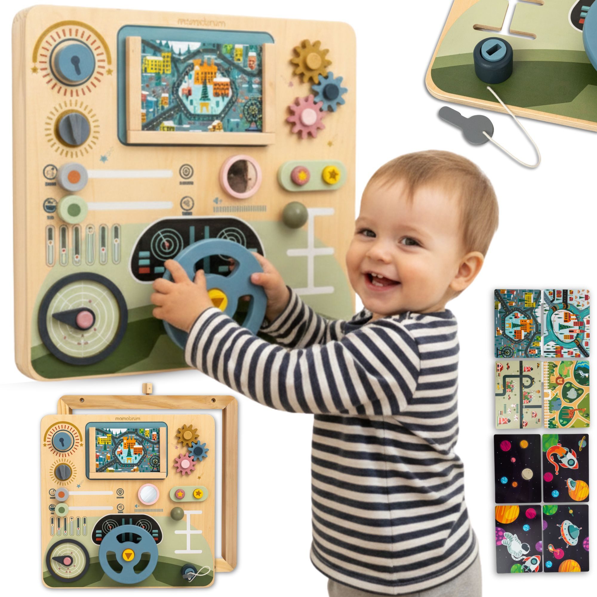 Mamabrum Lernspielzeug Cockpit Board – Montessori Activity Board mit Lenkrad & Themenwelten