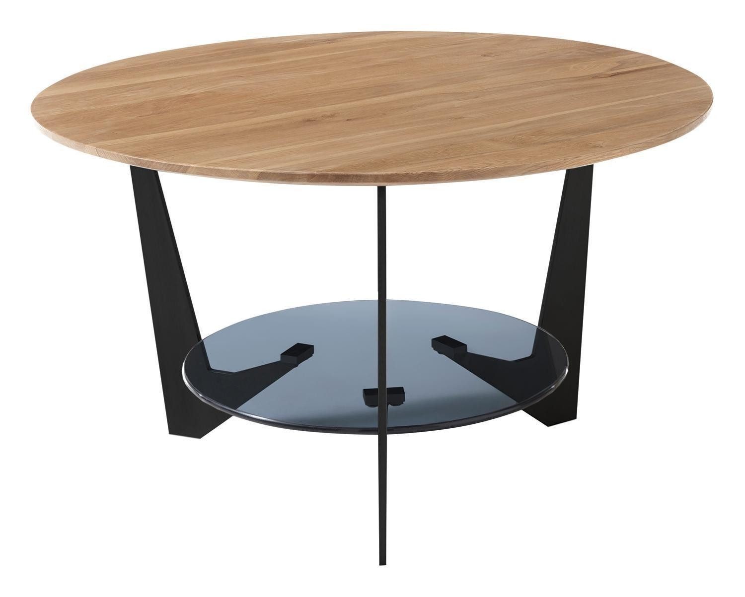 Couchtisch CADIZ, Braun, Grau, Schwarz, Eichenholz massiv, Metall, Ablageboden aus Glas, Ø 70 x H 40 cm