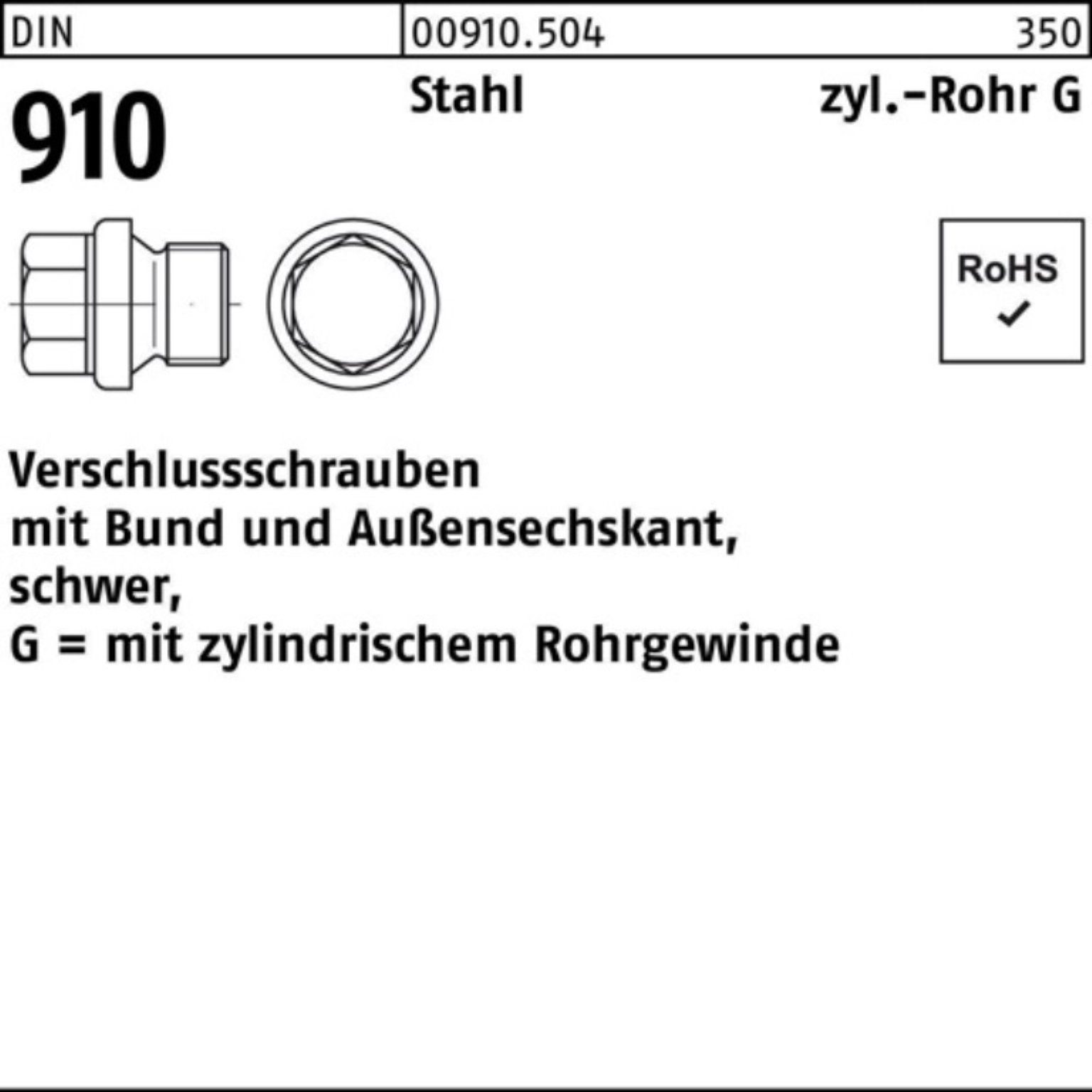 Verschlußschraube 910 DIN Bund/Außen-6-kt Reyher Stahl Pack 100er A G 1/2 Schraube 1