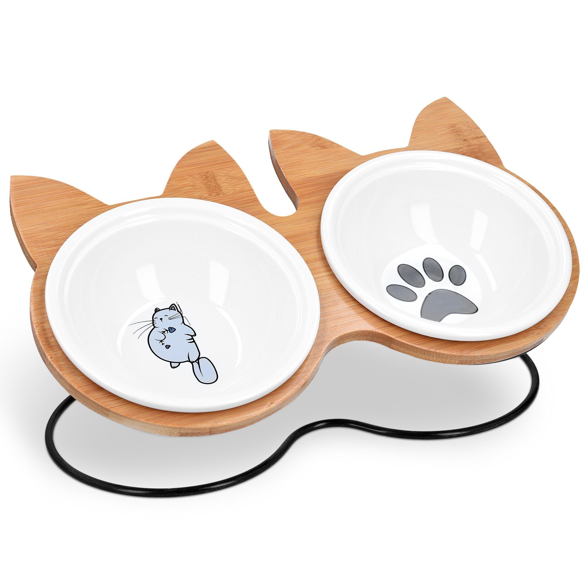 Napf Futterstation Set mit Bambus-Halterung und Keramiknapf, Katzen/Hunde